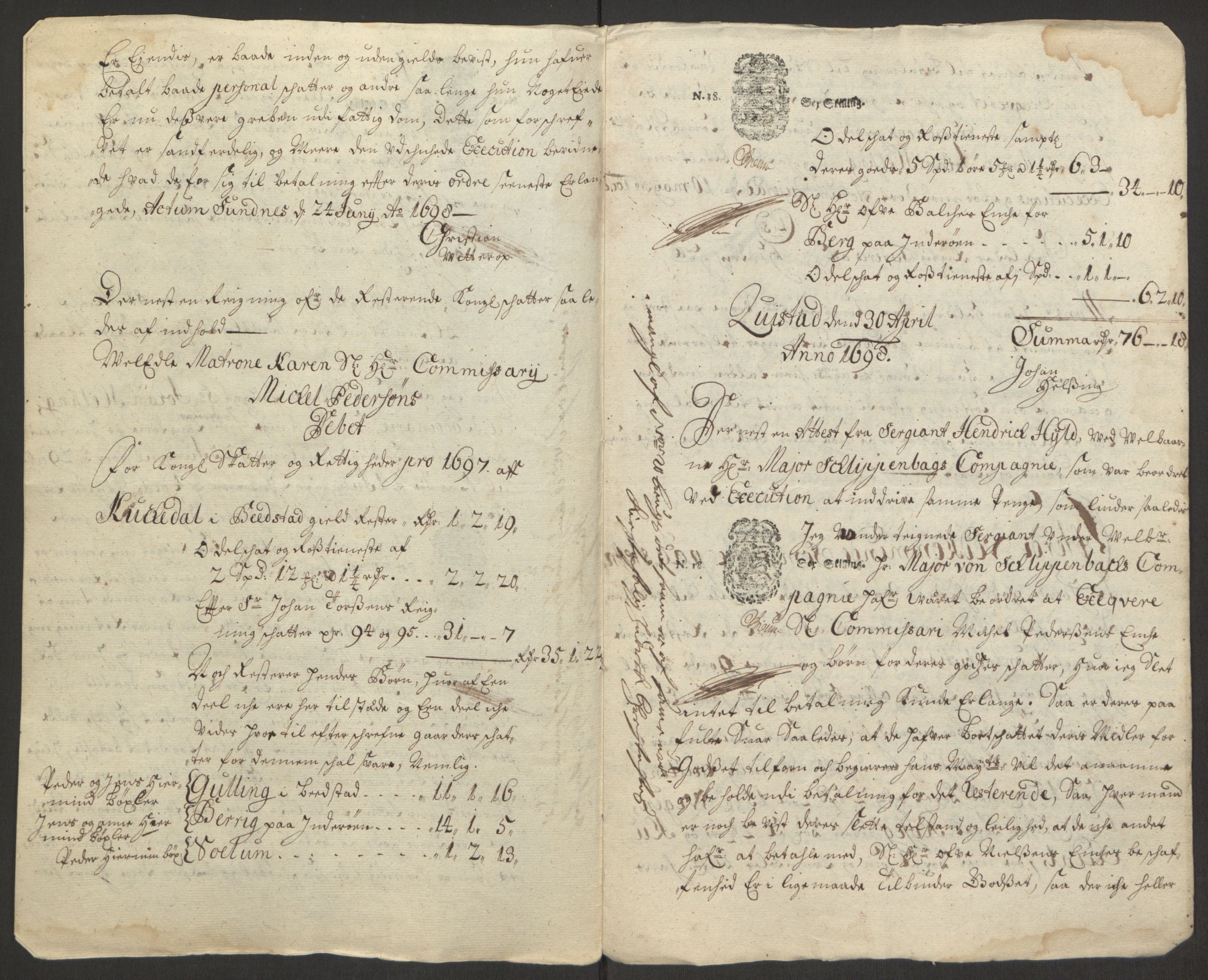 Rentekammeret inntil 1814, Reviderte regnskaper, Fogderegnskap, AV/RA-EA-4092/R63/L4309: Fogderegnskap Inderøy, 1695-1697, s. 578