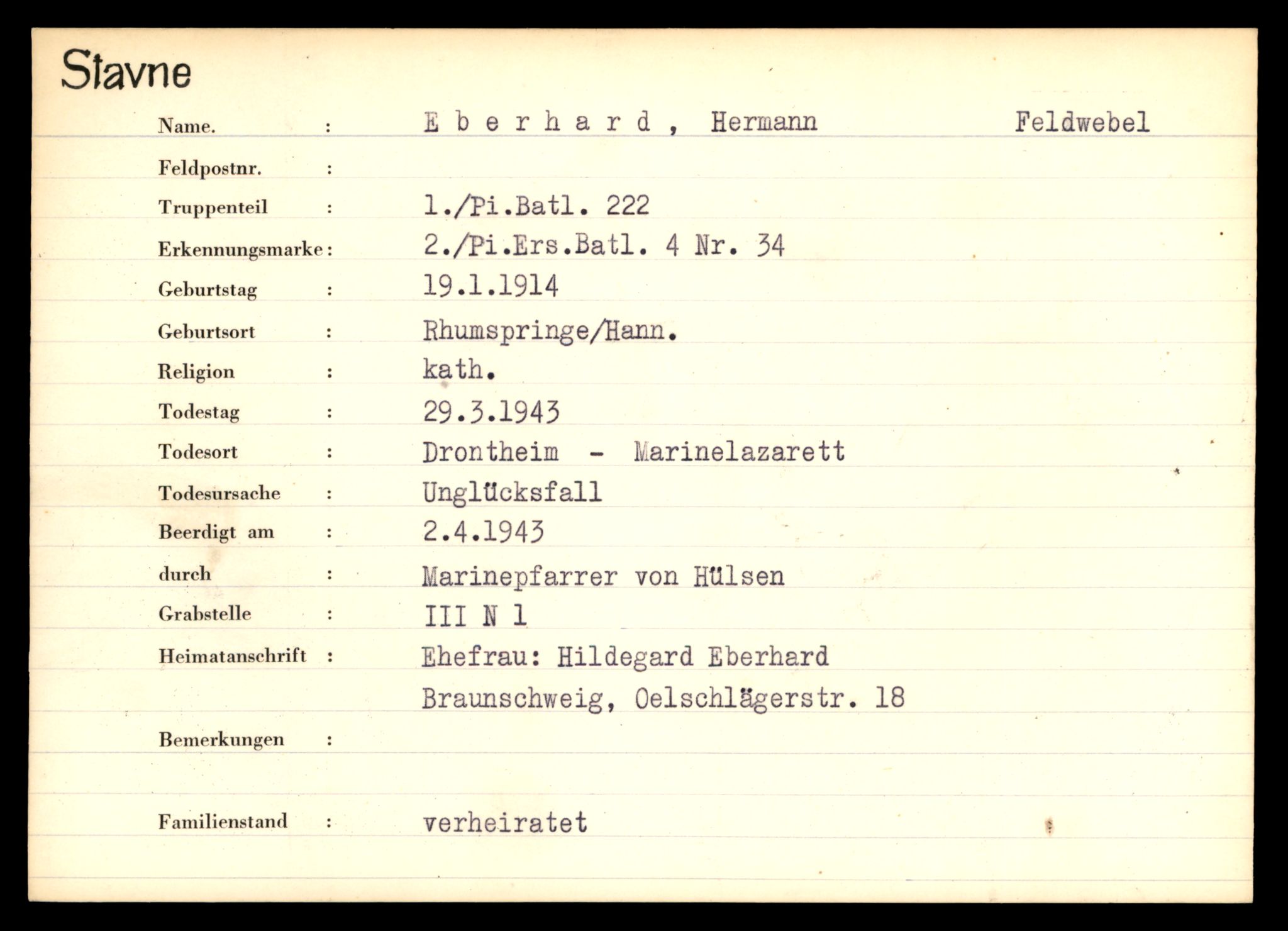 Distriktskontoret for krigsgraver, SAT/A-5030/E/L0003: Kasett/kartotek over tysk Krigskirkegård Stavne, 1945, s. 251