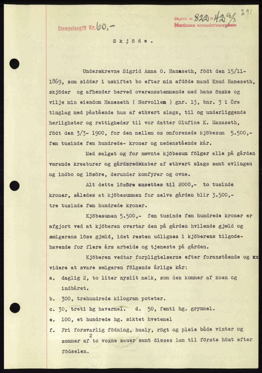 Nordmøre sorenskriveri, SAT/A-4132/1/2/2Ca: Pantebok nr. A92, 1942-1942, Dagboknr: 822/1942