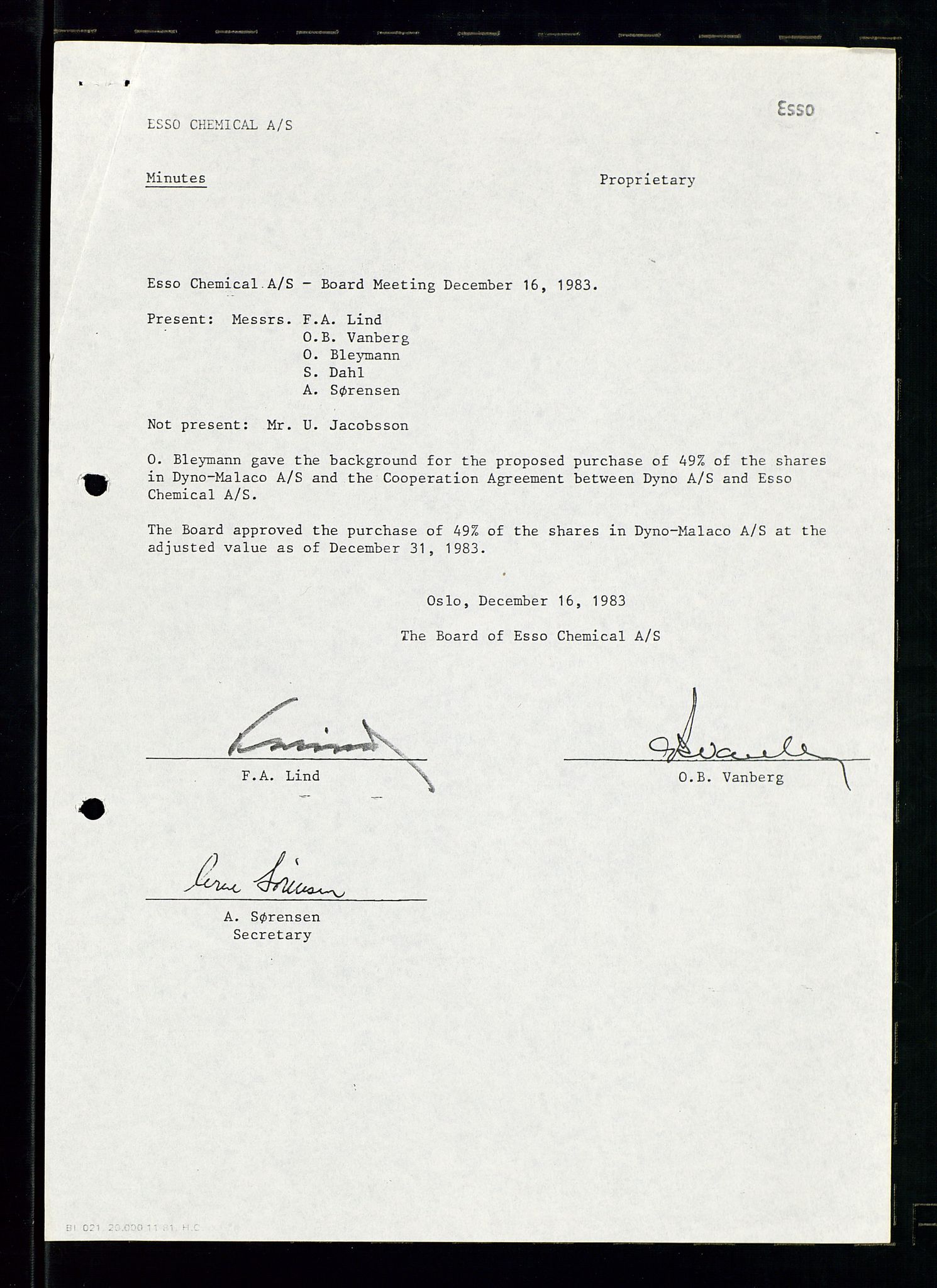 PA 1538 - Exxon Chemical Norge A/S, AV/SAST-A-101958/A/Aa/L0001/0004: Generalforsamlinger og styreprotokoller / Board meetings (styremøter), Generalforsamlinger, Shareholder meetings (aksjonærmøter), 1983-1984