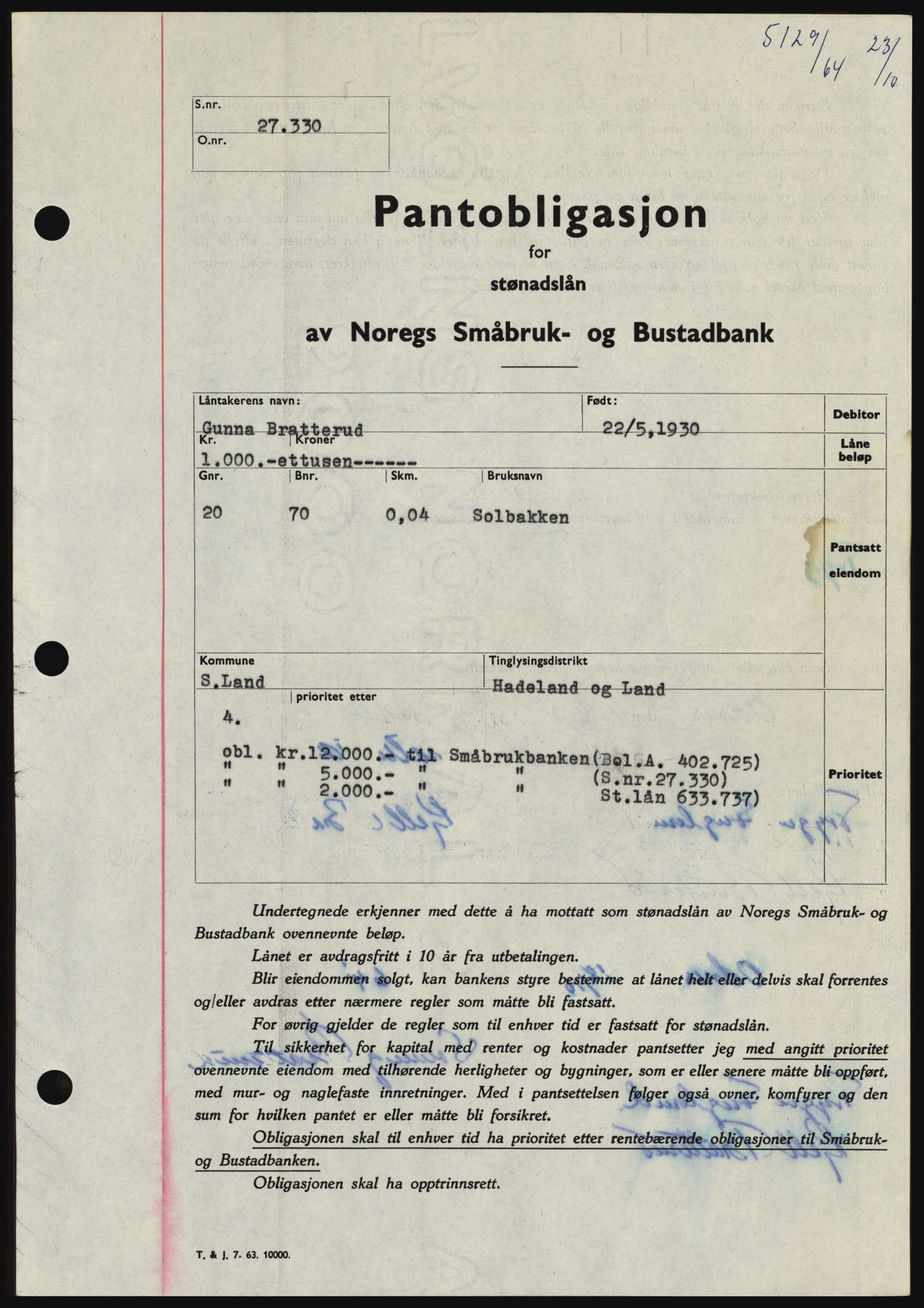 Hadeland og Land tingrett, SAH/TING-010/H/Hb/Hbc/L0056: Pantebok nr. B56, 1964-1964, Dagboknr: 5129/1964