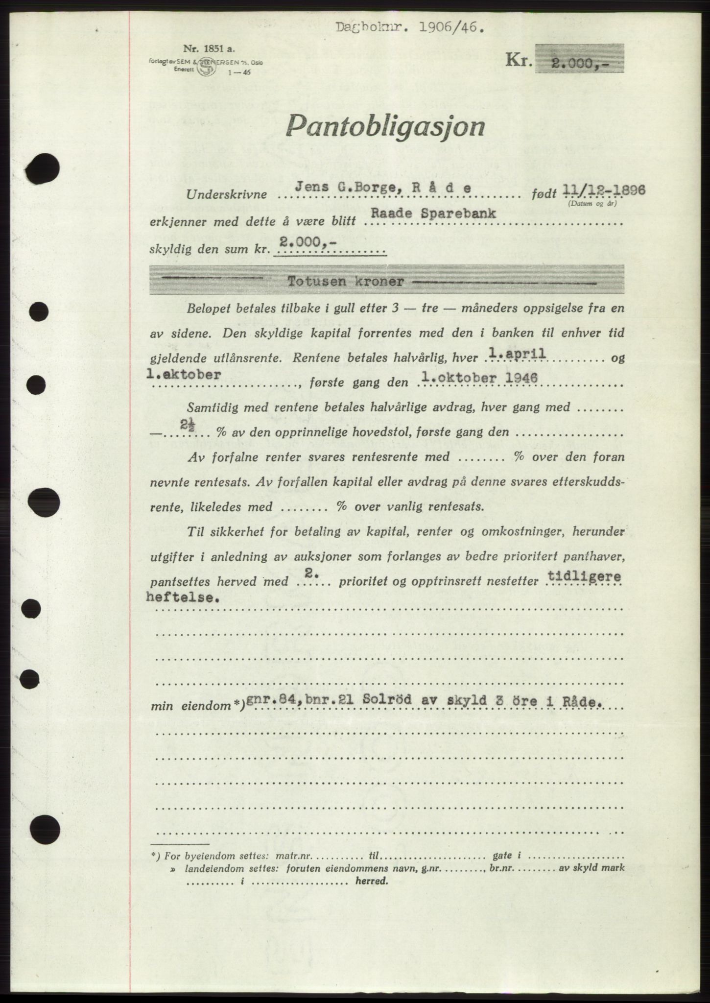 Moss sorenskriveri, SAO/A-10168: Pantebok nr. B15, 1946-1946, Dagboknr: 1906/1946