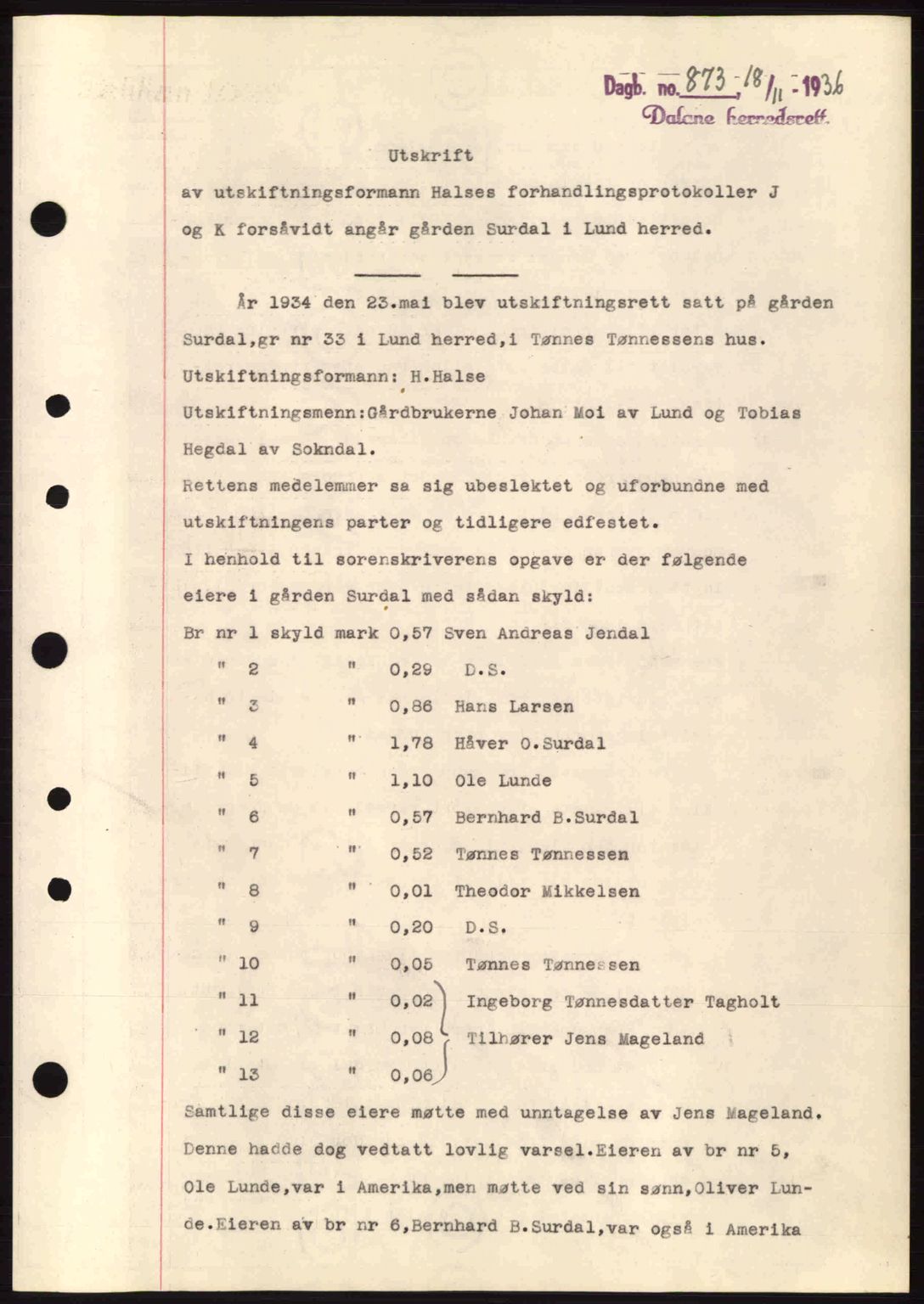 Dalane sorenskriveri, SAST/A-100309/02/G/Gb/L0040: Pantebok nr. A1, 1936-1936, Dagboknr: 873/1936