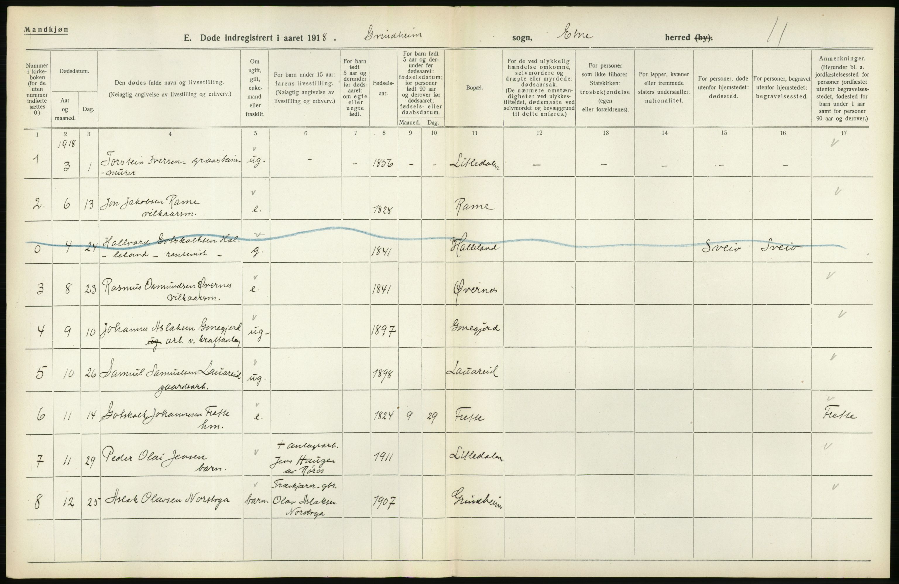 Statistisk sentralbyrå, Sosiodemografiske emner, Befolkning, AV/RA-S-2228/D/Df/Dfb/Dfbh/L0036: Hordaland fylke: Døde., 1918, s. 26