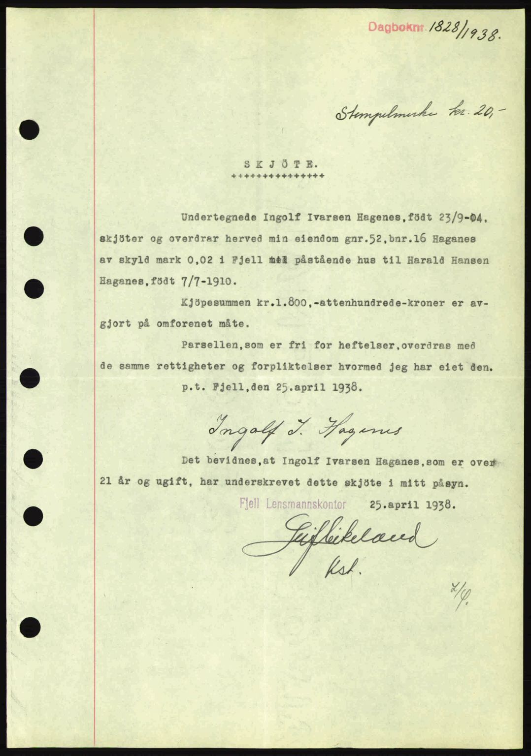 Midhordland sorenskriveri, SAB/A-3001/1/G/Gb/Gbh/L0005: Pantebok nr. A9-10, 1938-1938, Dagboknr: 1828/1938