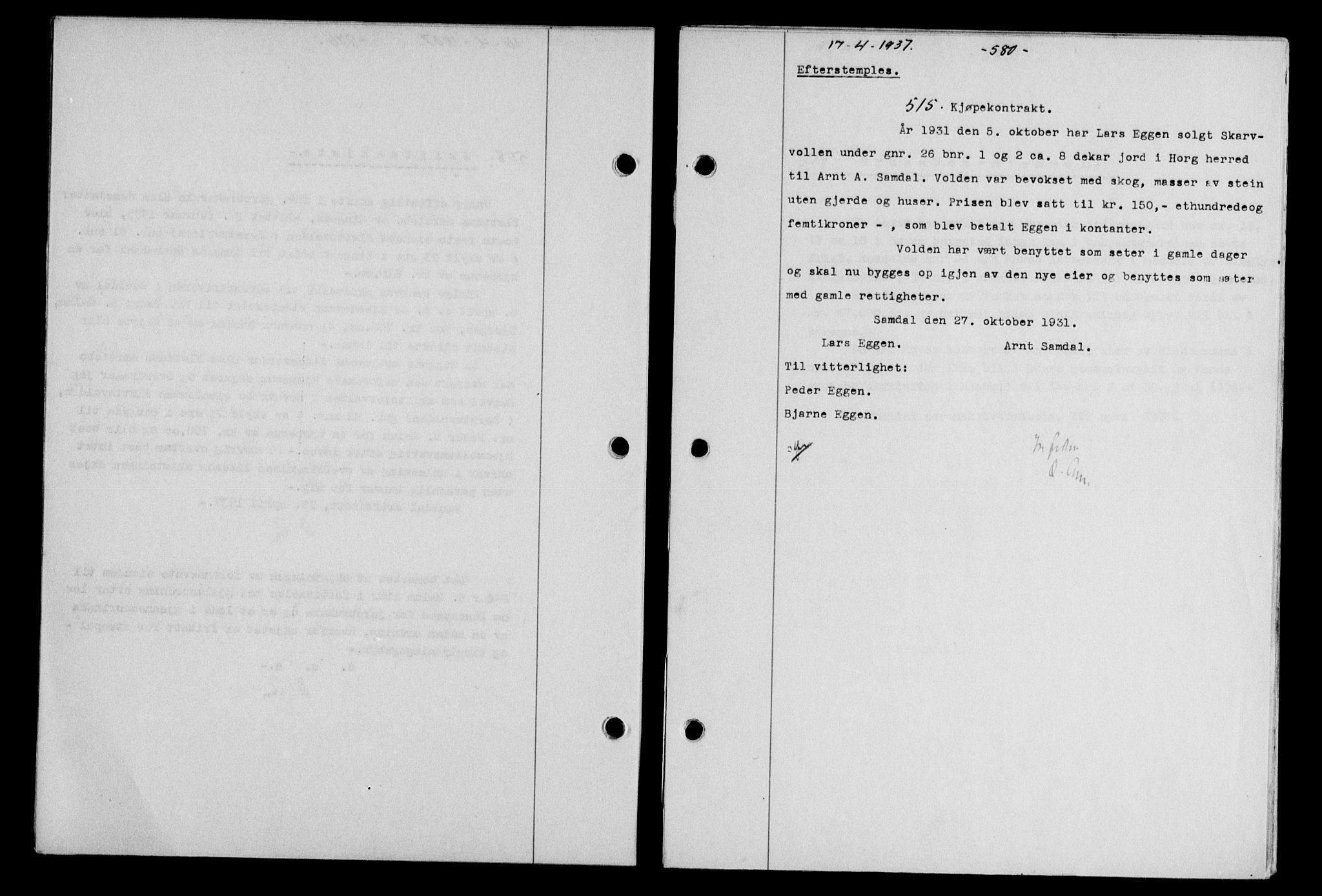 Gauldal sorenskriveri, SAT/A-0014/1/2/2C/L0047: Pantebok nr. 50-51, 1937-1937, Dagboknr: 515/1937
