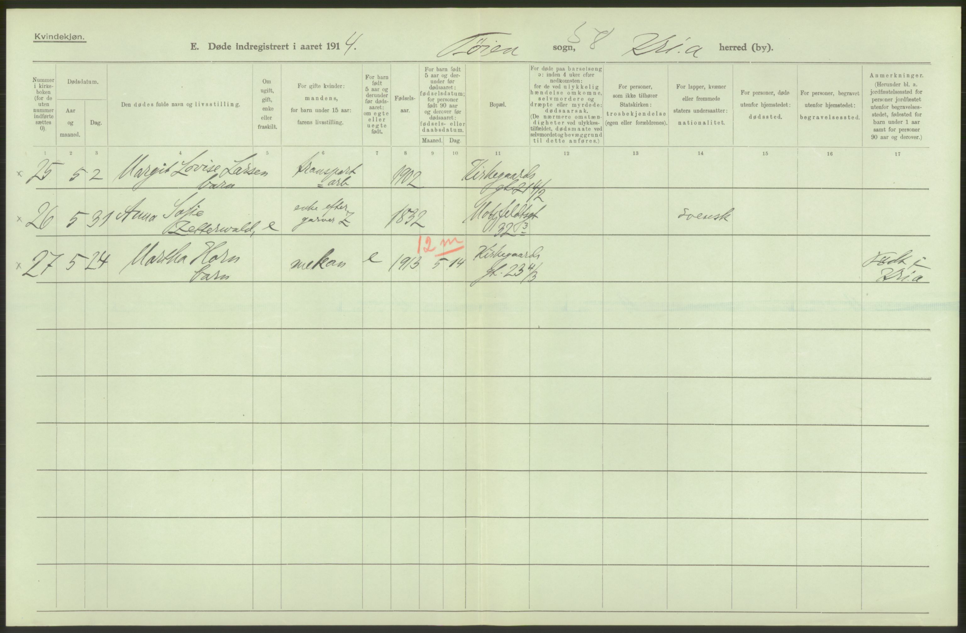 Statistisk sentralbyrå, Sosiodemografiske emner, Befolkning, AV/RA-S-2228/D/Df/Dfb/Dfbd/L0008: Kristiania: Døde, 1914, s. 108