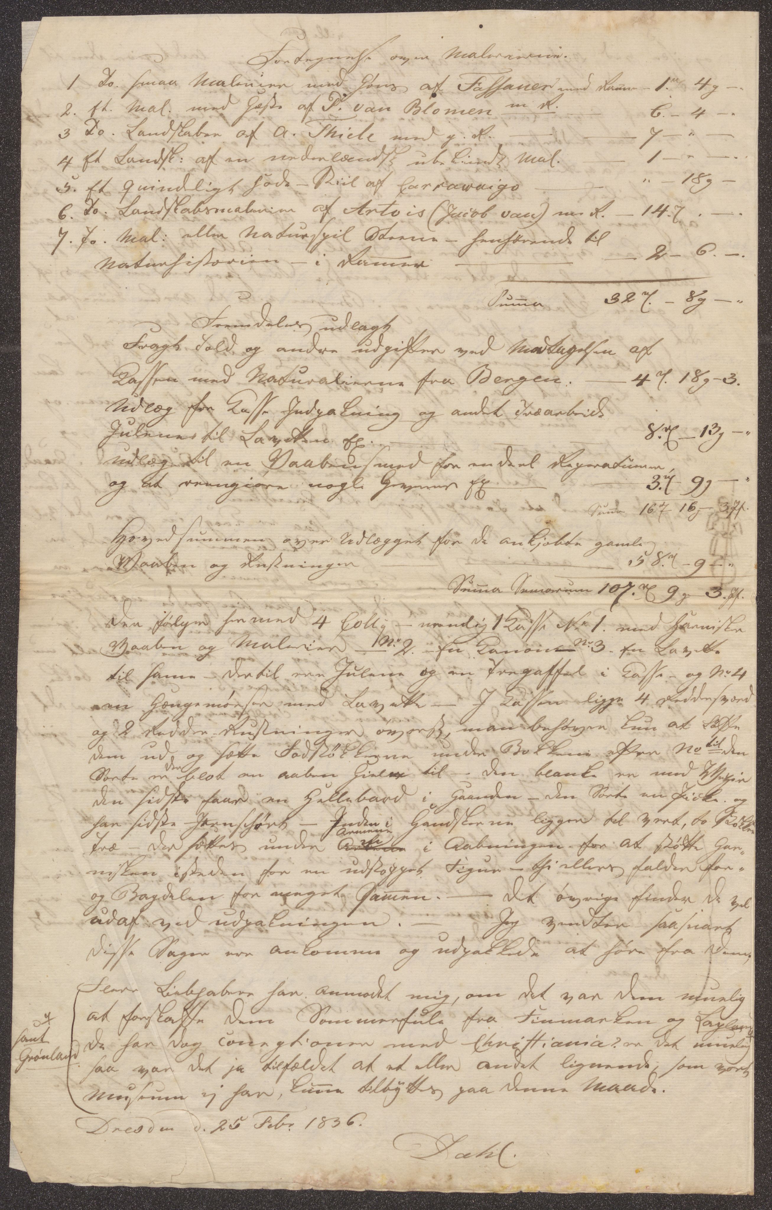Bergens Museum. Direksjonen/ styret, UMB/A007/D/Da/L0008/0001: Innkommende brev 1836 / Innkommende brev 1836, 1836