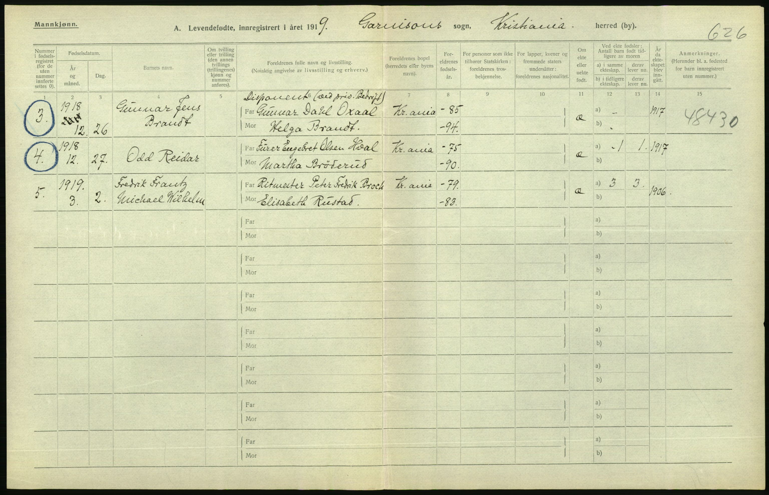 Statistisk sentralbyrå, Sosiodemografiske emner, Befolkning, AV/RA-S-2228/D/Df/Dfb/Dfbi/L0008: Kristiania: Levendefødte menn og kvinner., 1919