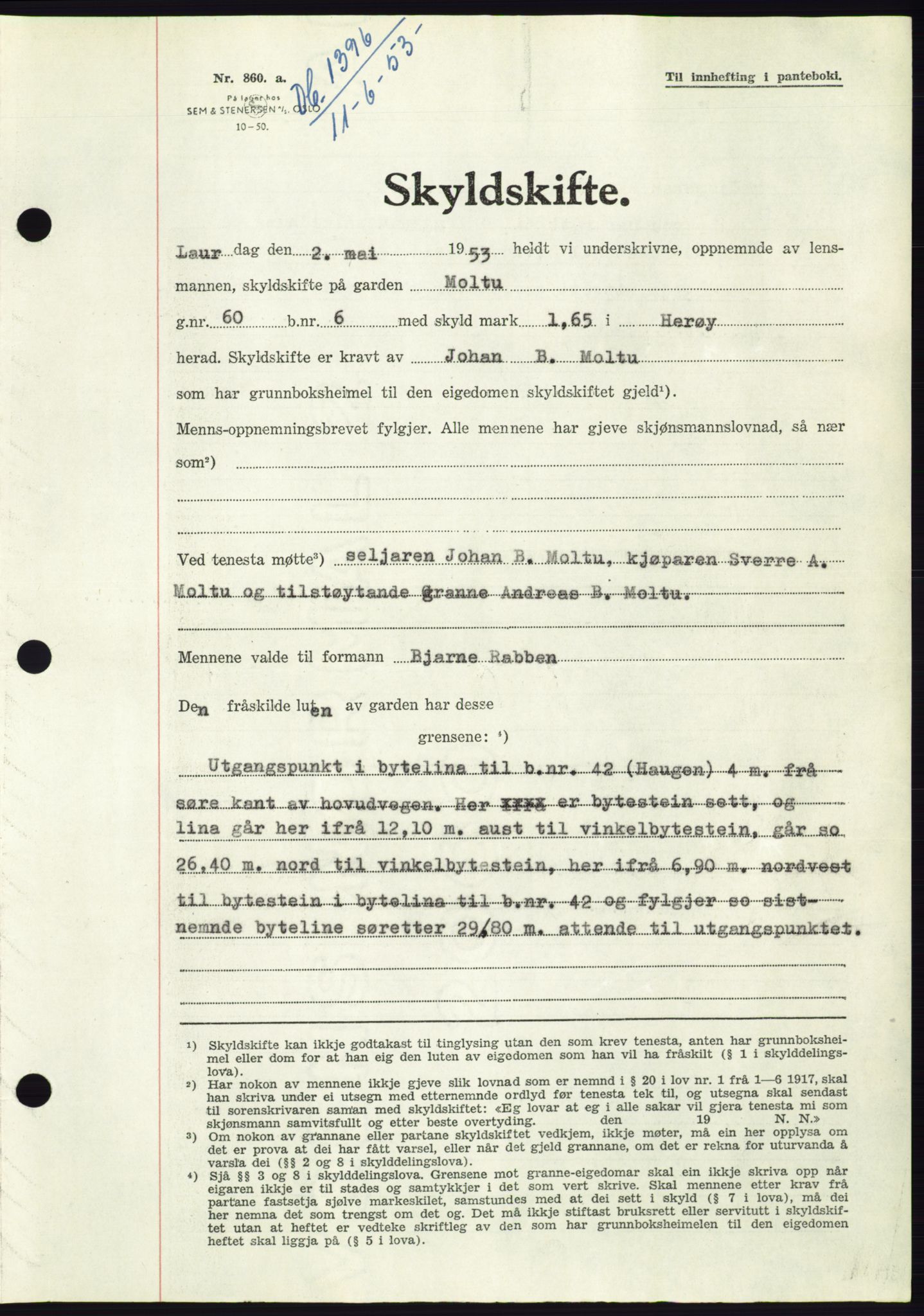 Søre Sunnmøre sorenskriveri, AV/SAT-A-4122/1/2/2C/L0095: Pantebok nr. 21A, 1953-1953, Dagboknr: 1396/1953