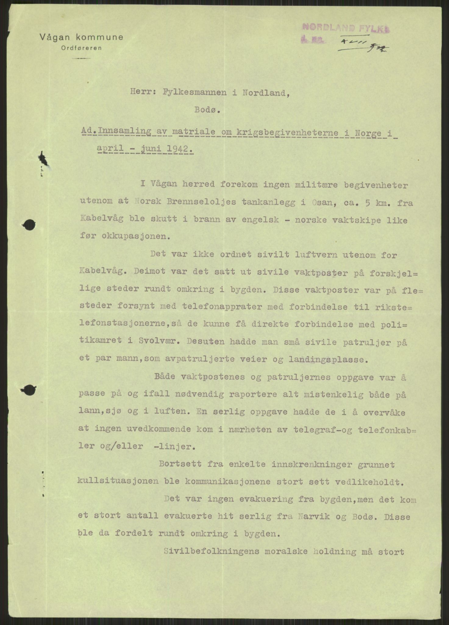 Forsvaret, Forsvarets krigshistoriske avdeling, AV/RA-RAFA-2017/Y/Ya/L0017: II-C-11-31 - Fylkesmenn.  Rapporter om krigsbegivenhetene 1940., 1940, s. 367