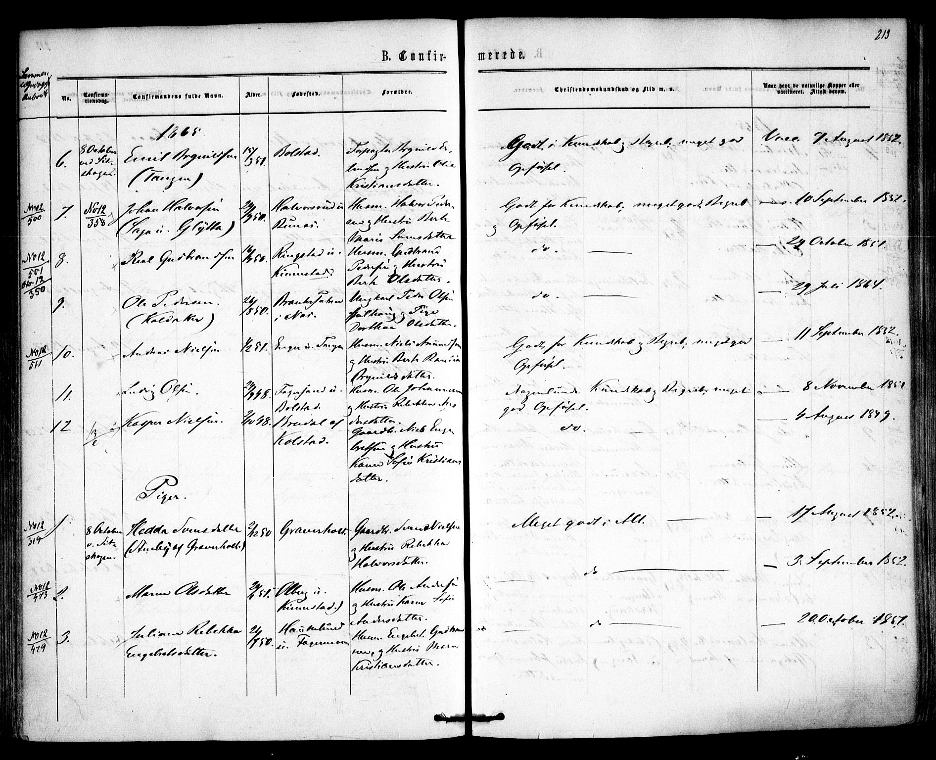 Høland prestekontor Kirkebøker, AV/SAO-A-10346a/F/Fa/L0011: Ministerialbok nr. I 11, 1862-1869, s. 213