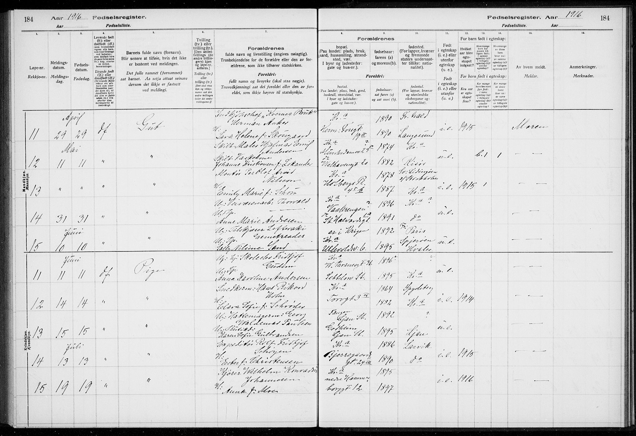 Rikshospitalet prestekontor Kirkebøker, AV/SAO-A-10309b/J/L0001: Fødselsregister nr. 1, 1916-1916, s. 184