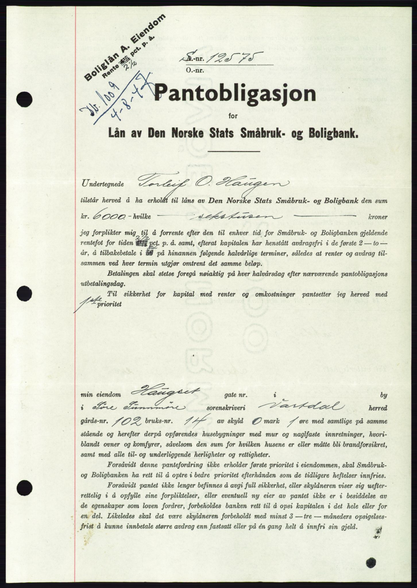 Søre Sunnmøre sorenskriveri, AV/SAT-A-4122/1/2/2C/L0115: Pantebok nr. 3B, 1947-1948, Dagboknr: 1009/1947