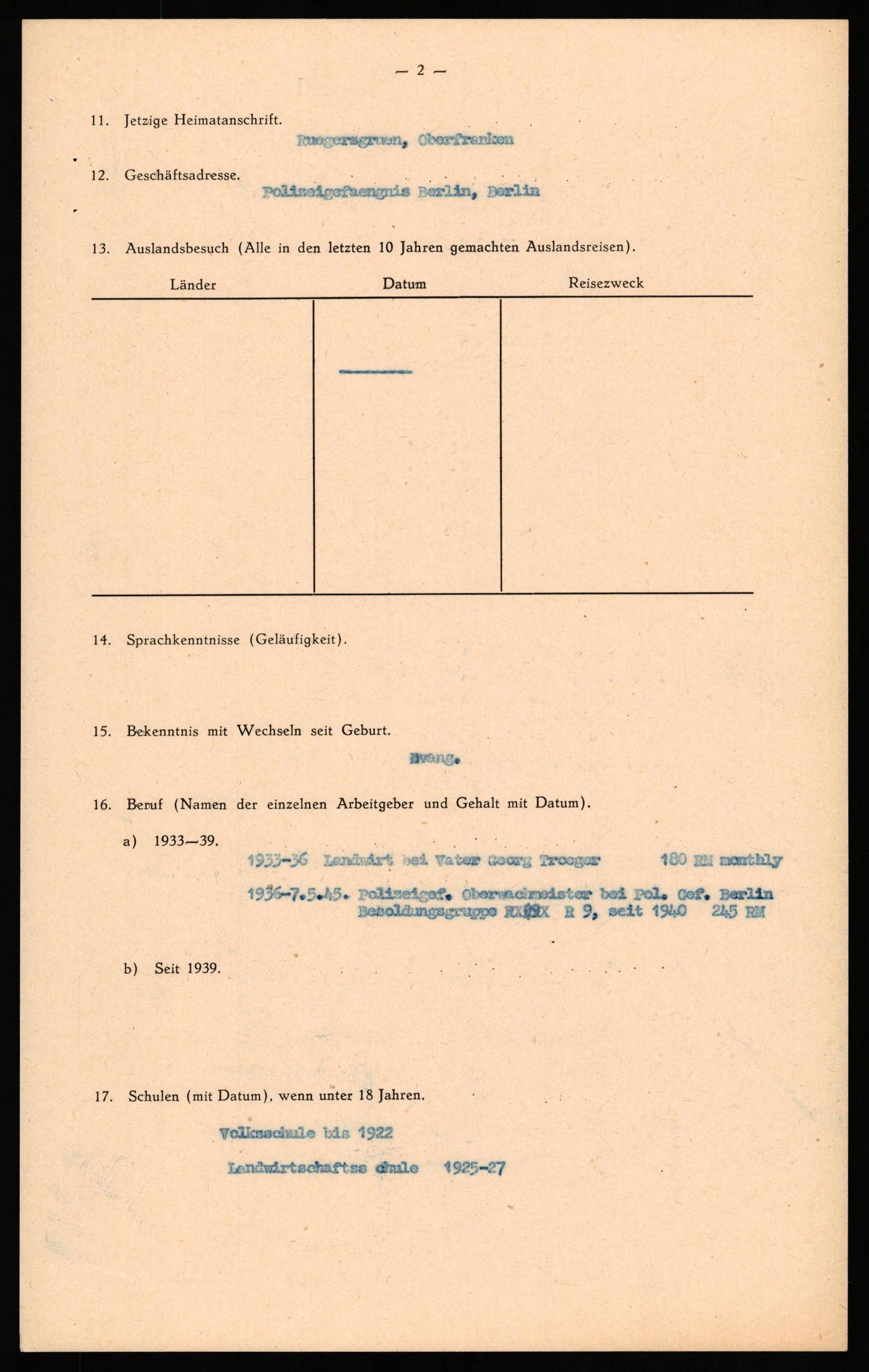 Forsvaret, Forsvarets overkommando II, RA/RAFA-3915/D/Db/L0034: CI Questionaires. Tyske okkupasjonsstyrker i Norge. Tyskere., 1945-1946, s. 91