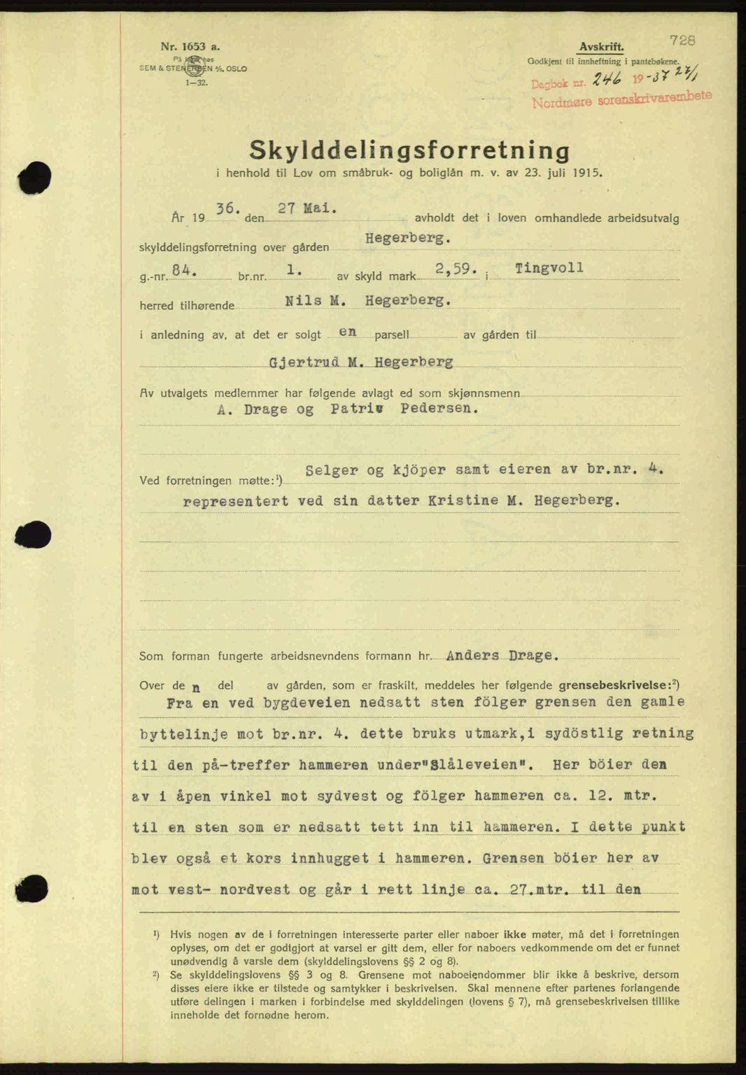 Nordmøre sorenskriveri, AV/SAT-A-4132/1/2/2Ca: Pantebok nr. A80, 1936-1937, Dagboknr: 239/1937