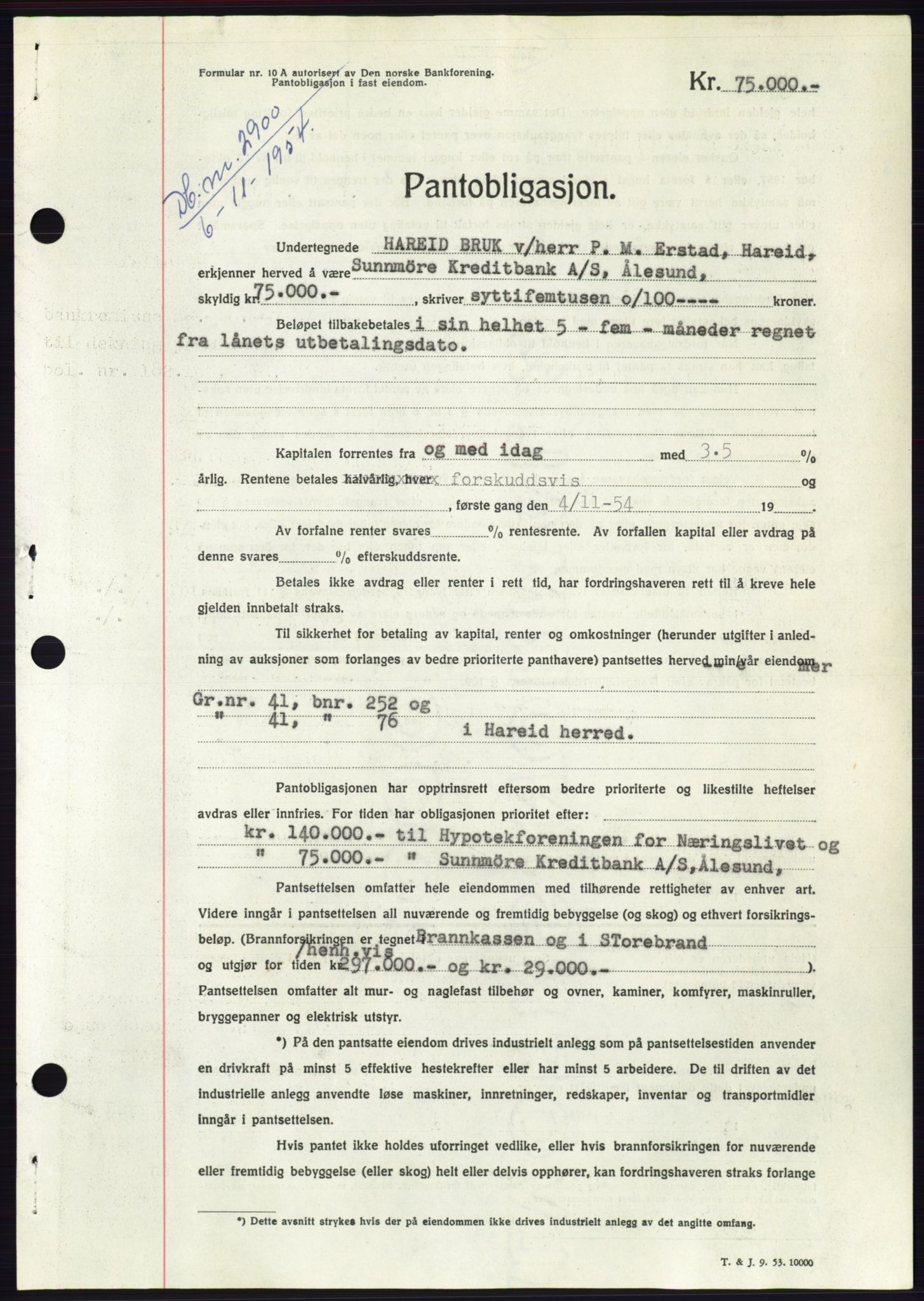 Søre Sunnmøre sorenskriveri, AV/SAT-A-4122/1/2/2C/L0126: Pantebok nr. 14B, 1954-1955, Dagboknr: 2900/1954
