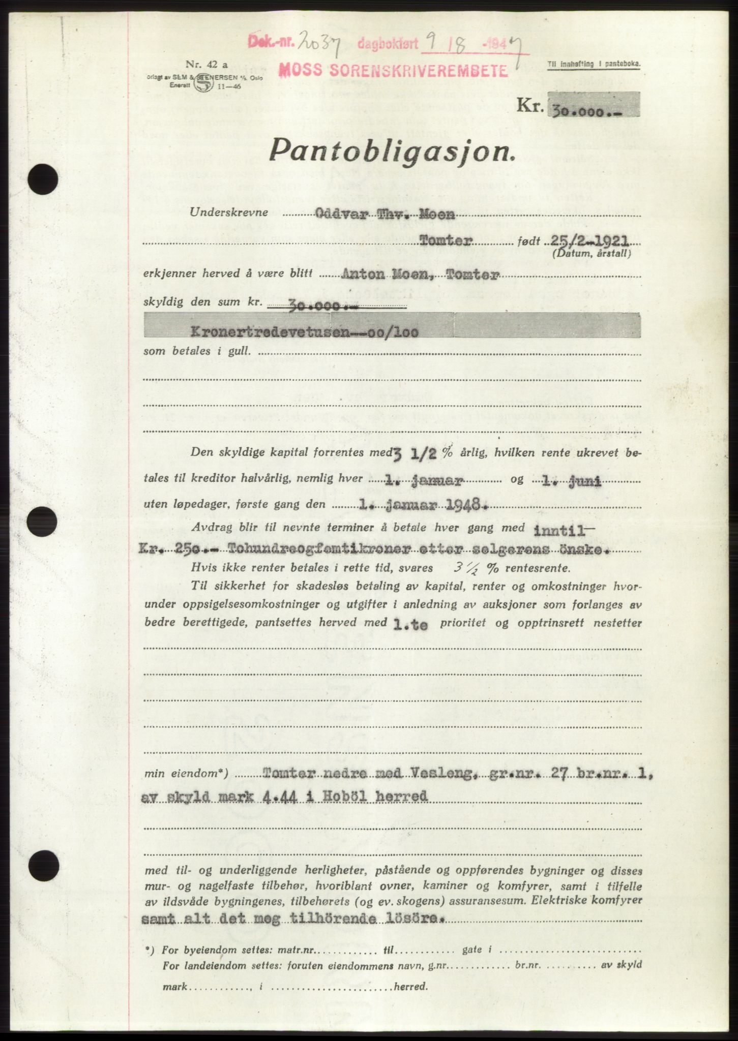 Moss sorenskriveri, SAO/A-10168: Pantebok nr. B17, 1947-1947, Dagboknr: 2037/1947