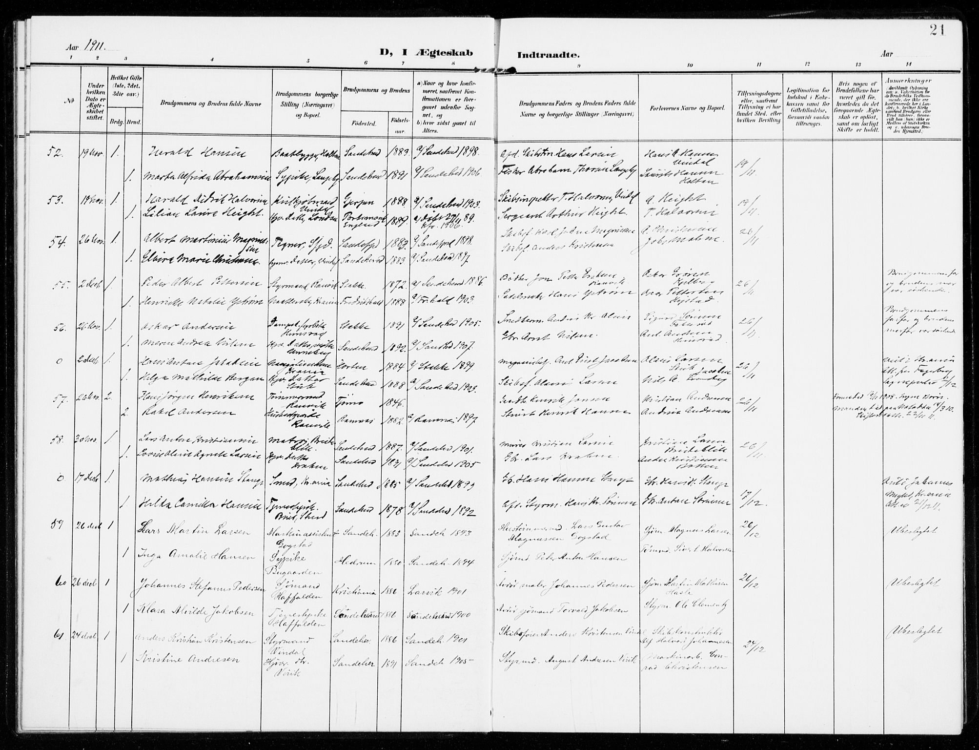 Sandar kirkebøker, AV/SAKO-A-243/F/Fa/L0019: Ministerialbok nr. 19, 1908-1914, s. 21