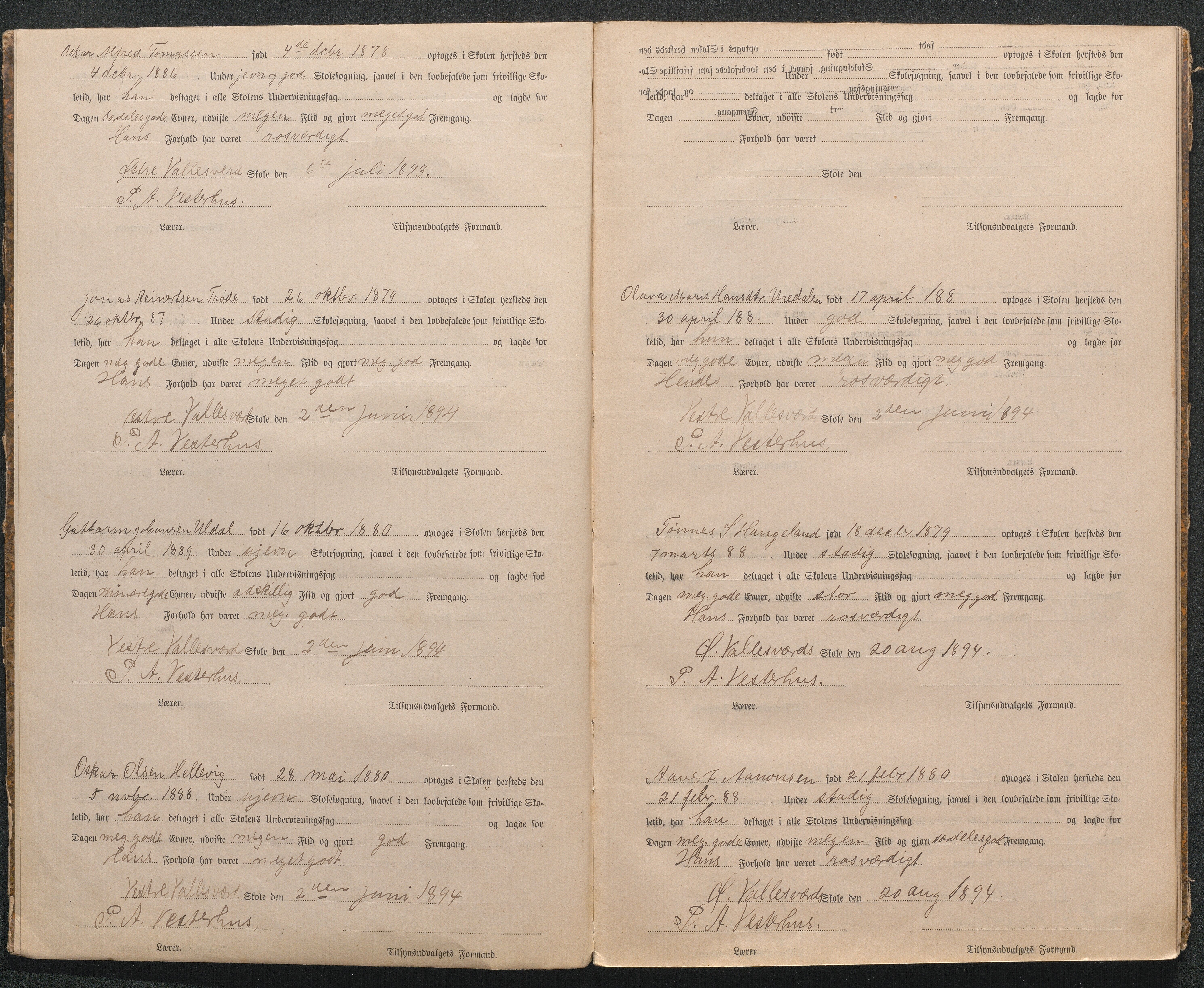 Høvåg kommune, AAMA/KA0927-PK/2/2/L0024: Østre og Vestre Vallesvær - Protokoll for avgangsvitnesbyrd, 1878-1894