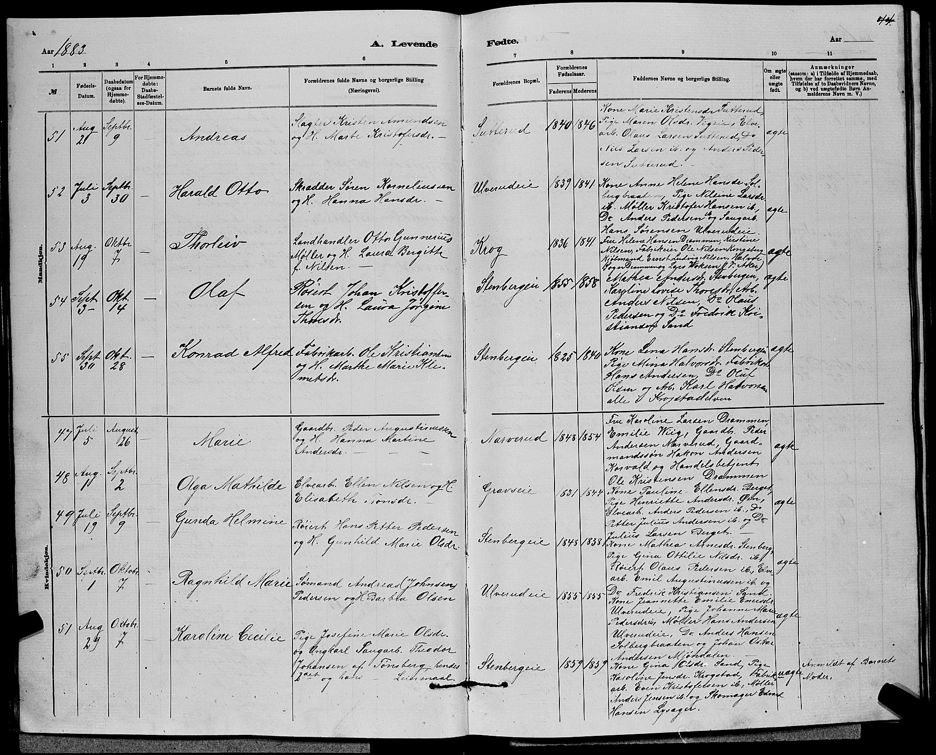 Nedre Eiker kirkebøker, AV/SAKO-A-612/G/Ga/L0002: Klokkerbok nr. 2, 1880-1896, s. 44