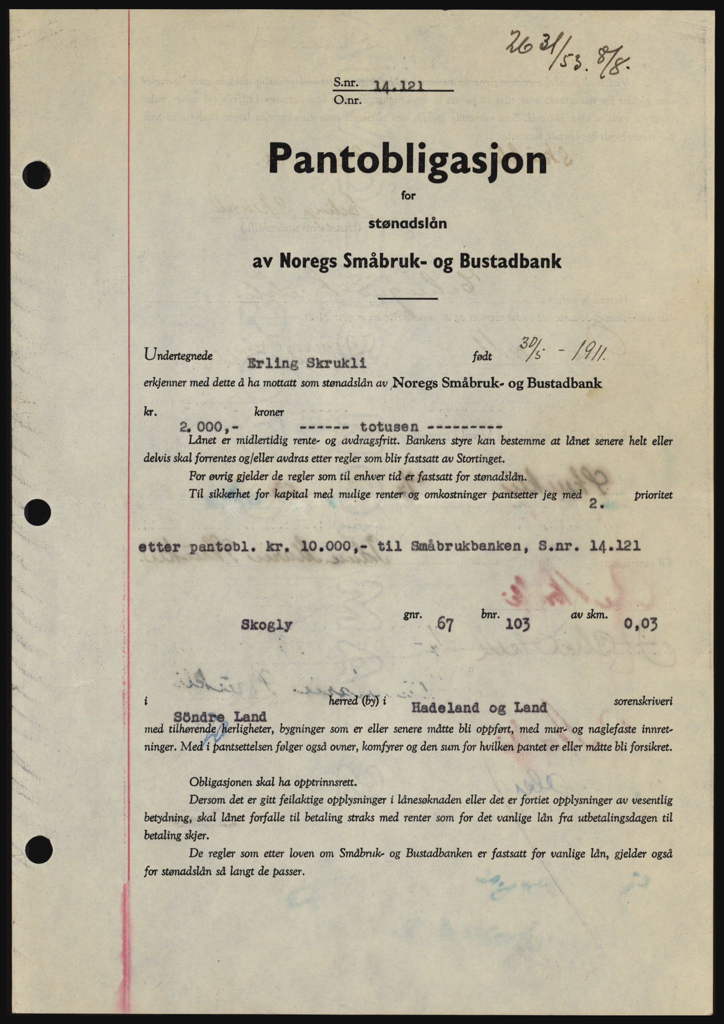 Hadeland og Land tingrett, SAH/TING-010/H/Hb/Hbc/L0027: Pantebok nr. B27, 1953-1953, Dagboknr: 2631/1953