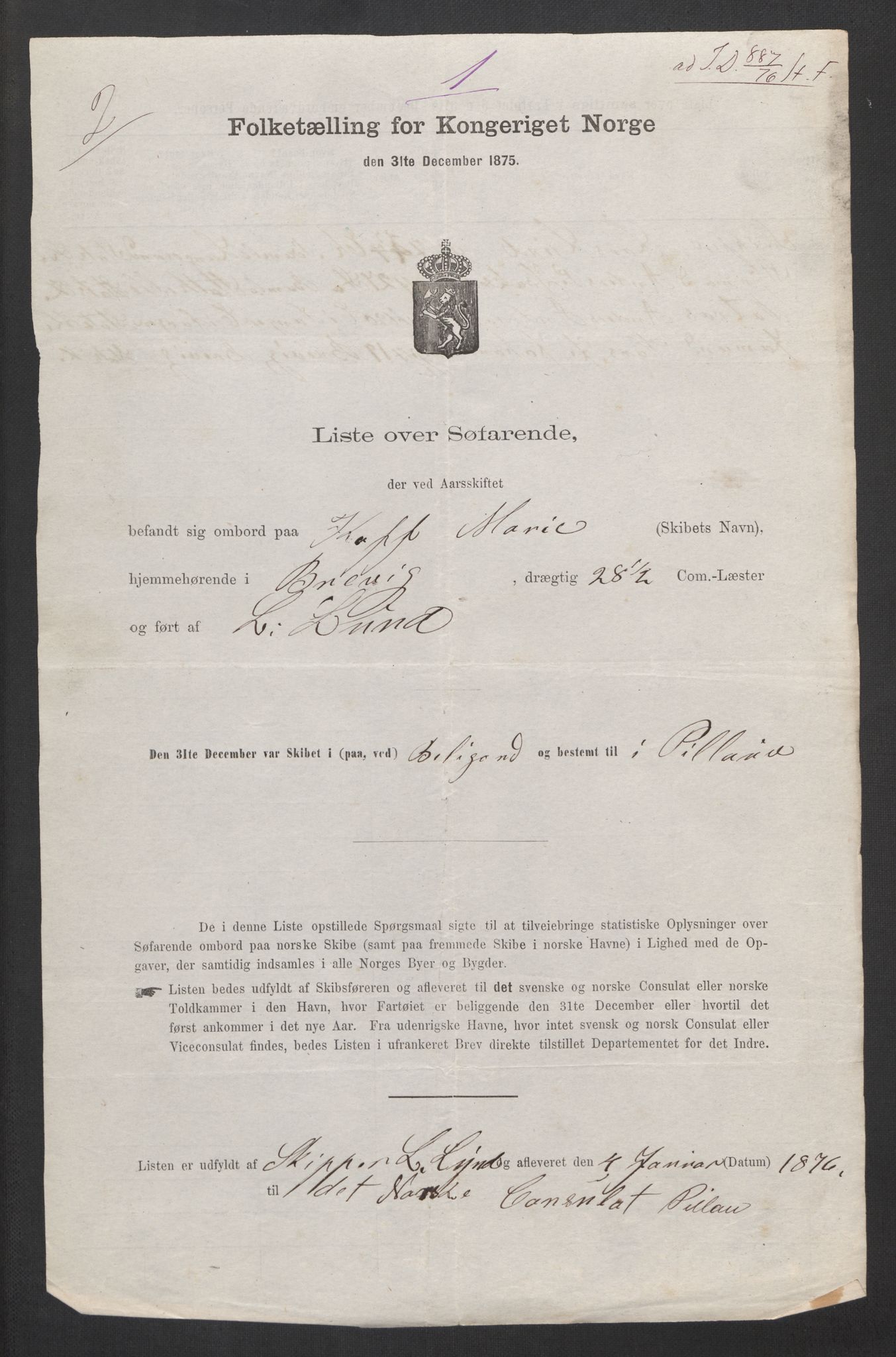 RA, Folketelling 1875, skipslister: Skip i utenrikske havner, hjemmehørende i byer og ladesteder, Fredrikshald - Arendal, 1875, s. 776