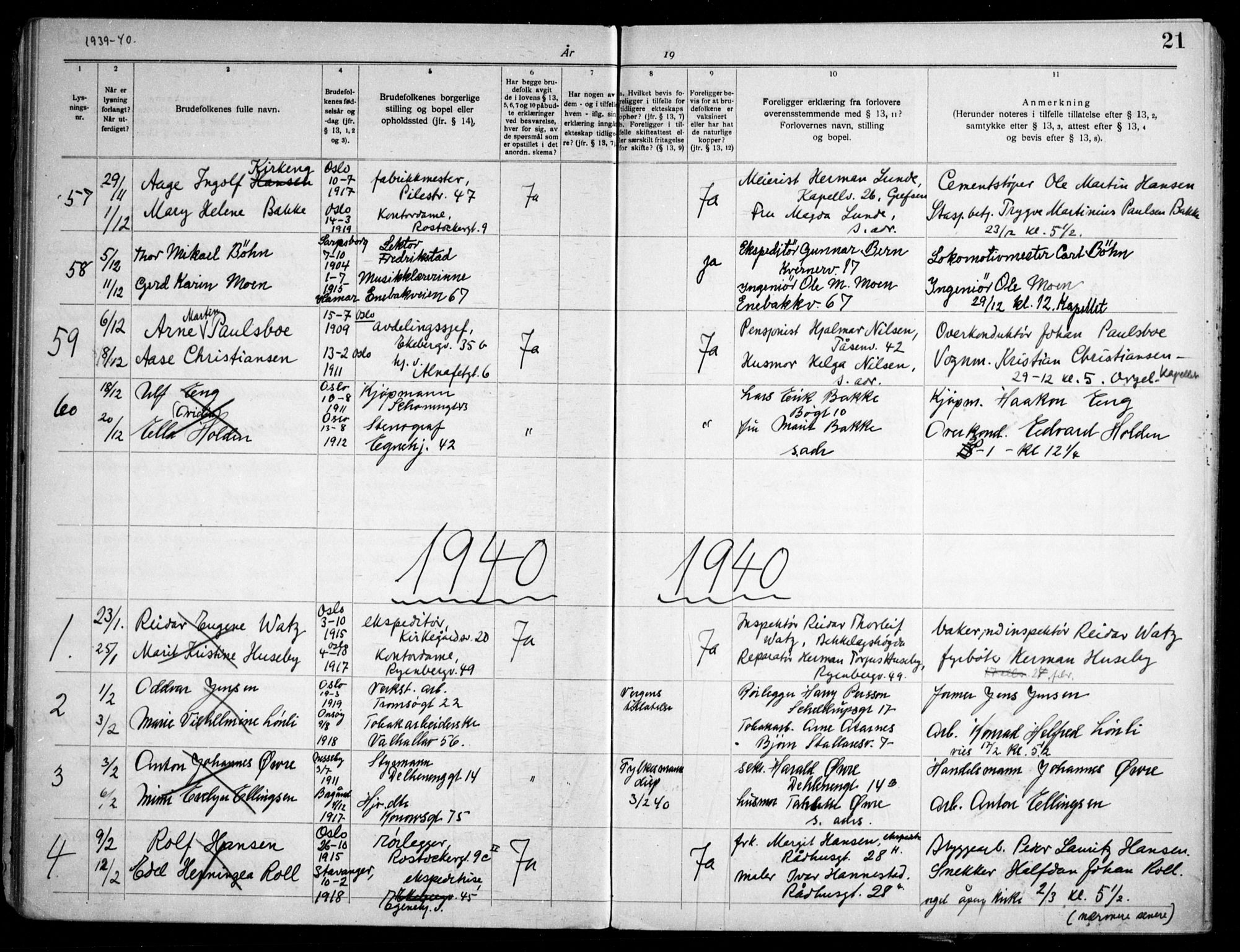 Gamlebyen prestekontor Kirkebøker, AV/SAO-A-10884/H/Ha/L0003: Lysningsprotokoll nr. 3, 1936-1959, s. 21