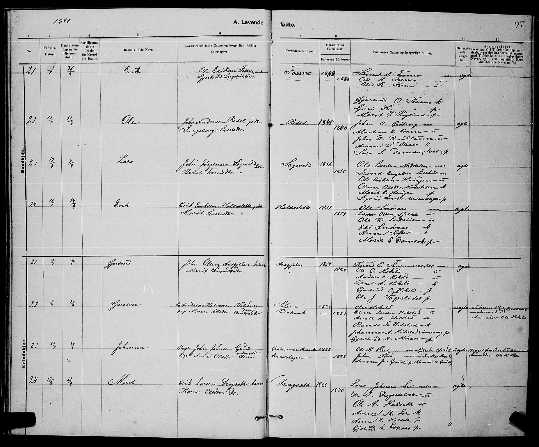 Ministerialprotokoller, klokkerbøker og fødselsregistre - Sør-Trøndelag, AV/SAT-A-1456/672/L0863: Klokkerbok nr. 672C02, 1888-1901, s. 27