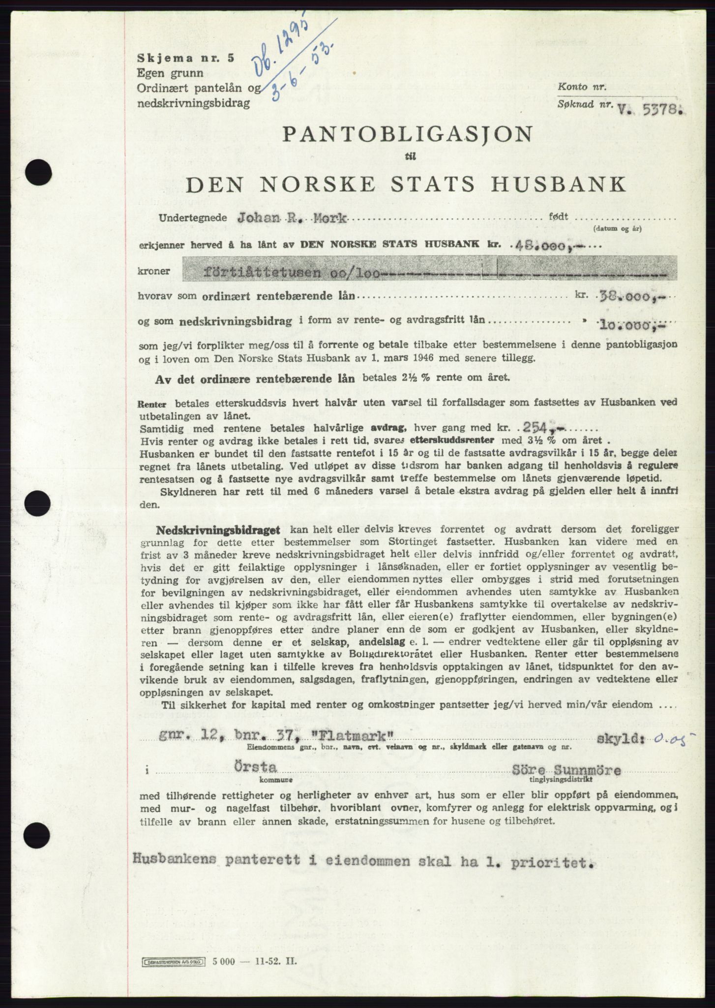 Søre Sunnmøre sorenskriveri, SAT/A-4122/1/2/2C/L0123: Pantebok nr. 11B, 1953-1953, Dagboknr: 1295/1953