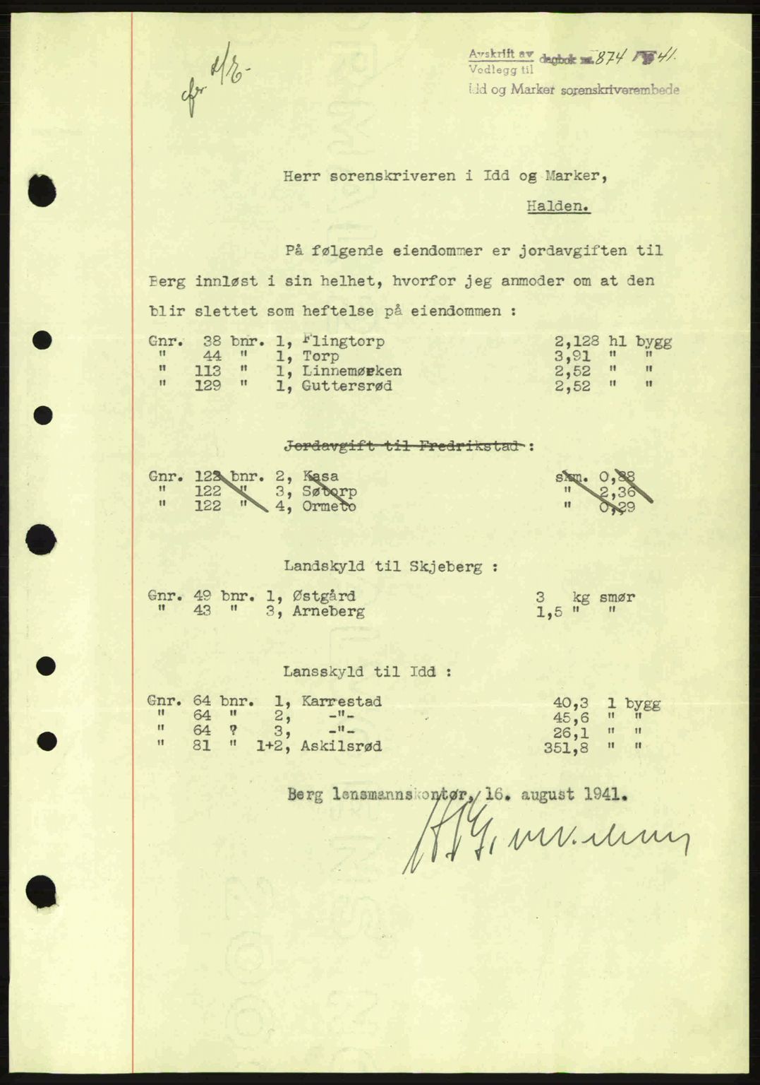 Idd og Marker sorenskriveri, AV/SAO-A-10283/G/Gb/Gbc/L0002: Pantebok nr. B4-9a, 1939-1945, Dagboknr: 874/1941