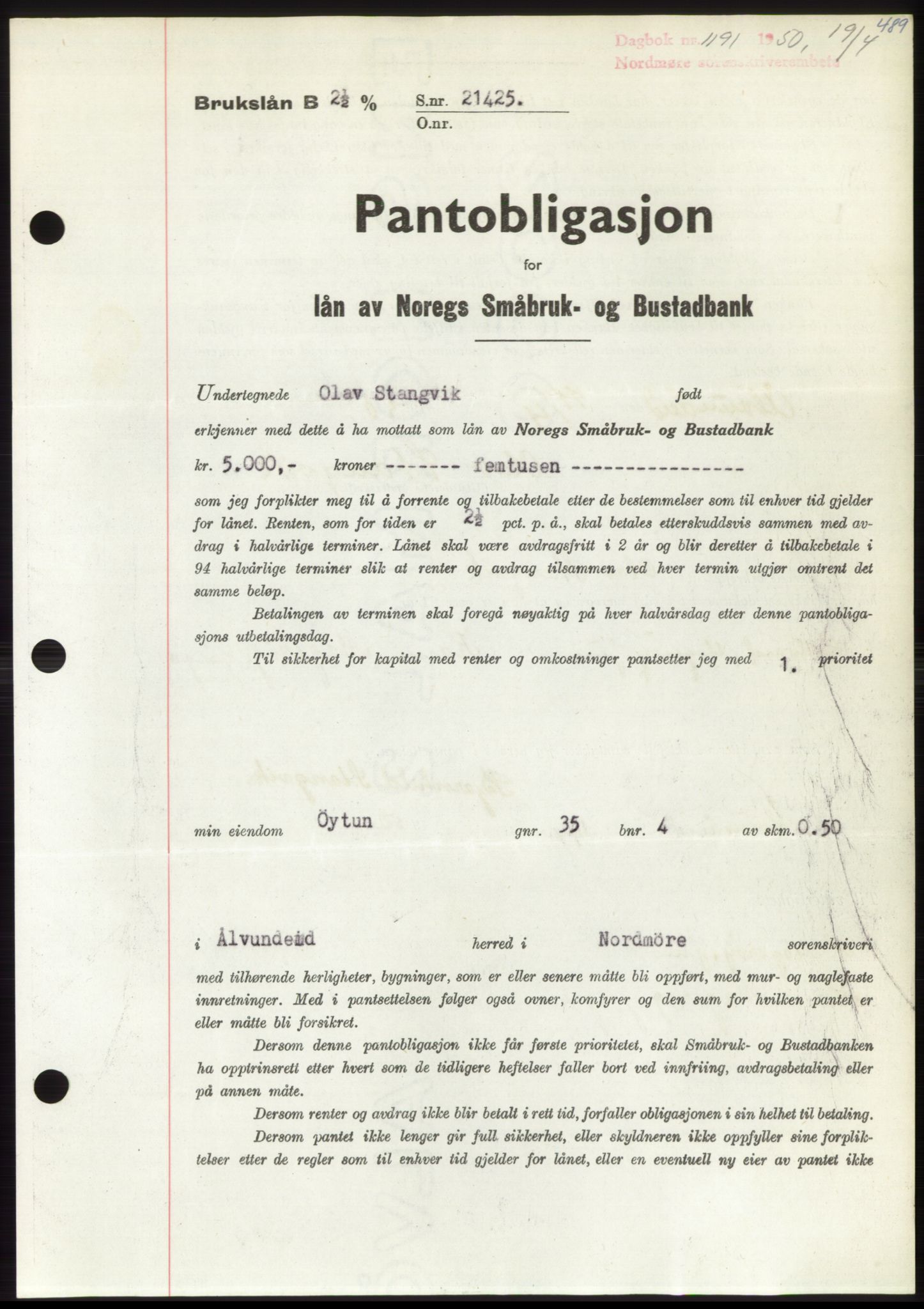 Nordmøre sorenskriveri, SAT/A-4132/1/2/2Ca: Pantebok nr. B104, 1950-1950, Dagboknr: 1191/1950