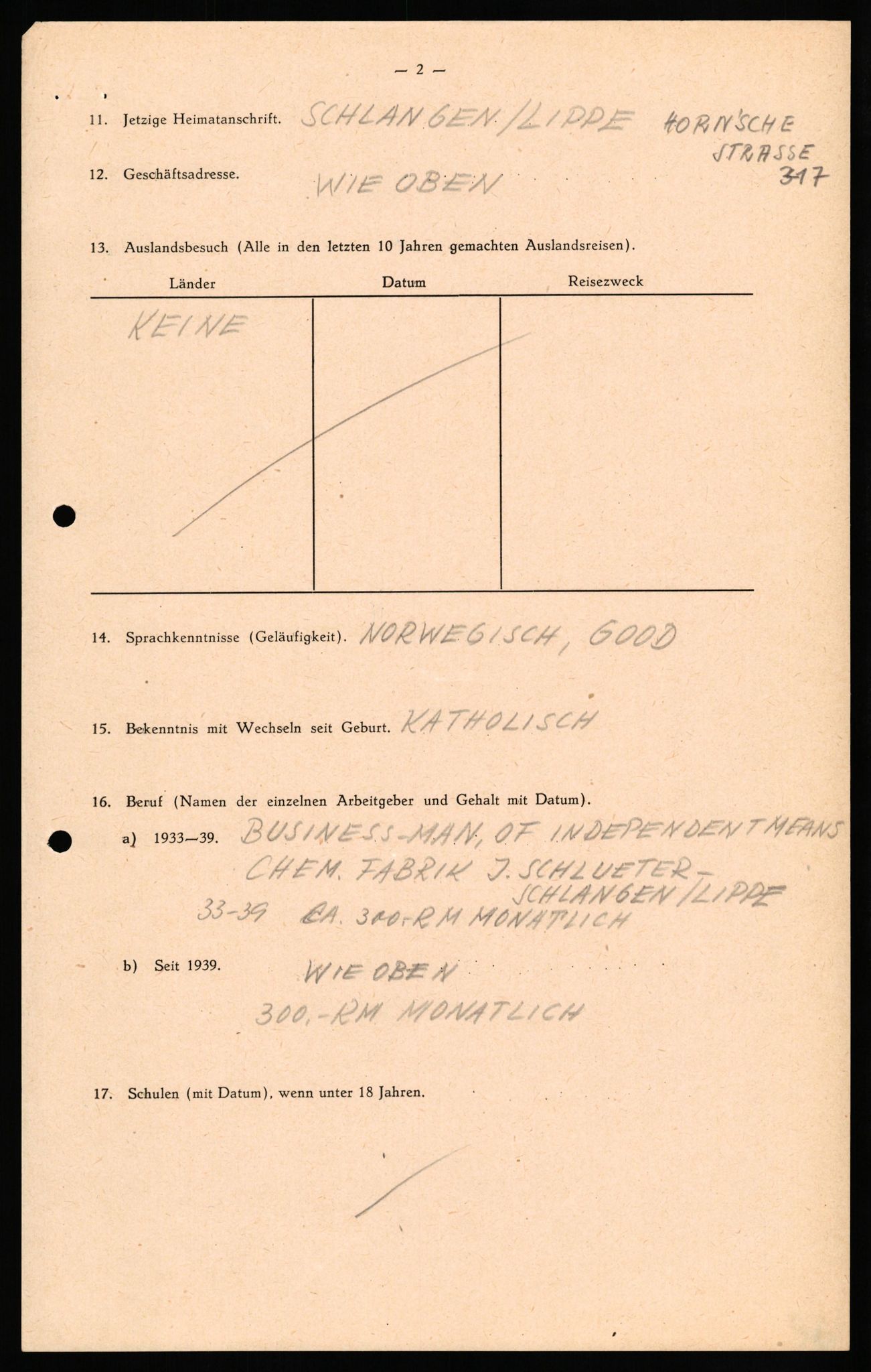 Forsvaret, Forsvarets overkommando II, RA/RAFA-3915/D/Db/L0029: CI Questionaires. Tyske okkupasjonsstyrker i Norge. Tyskere., 1945-1946, s. 296