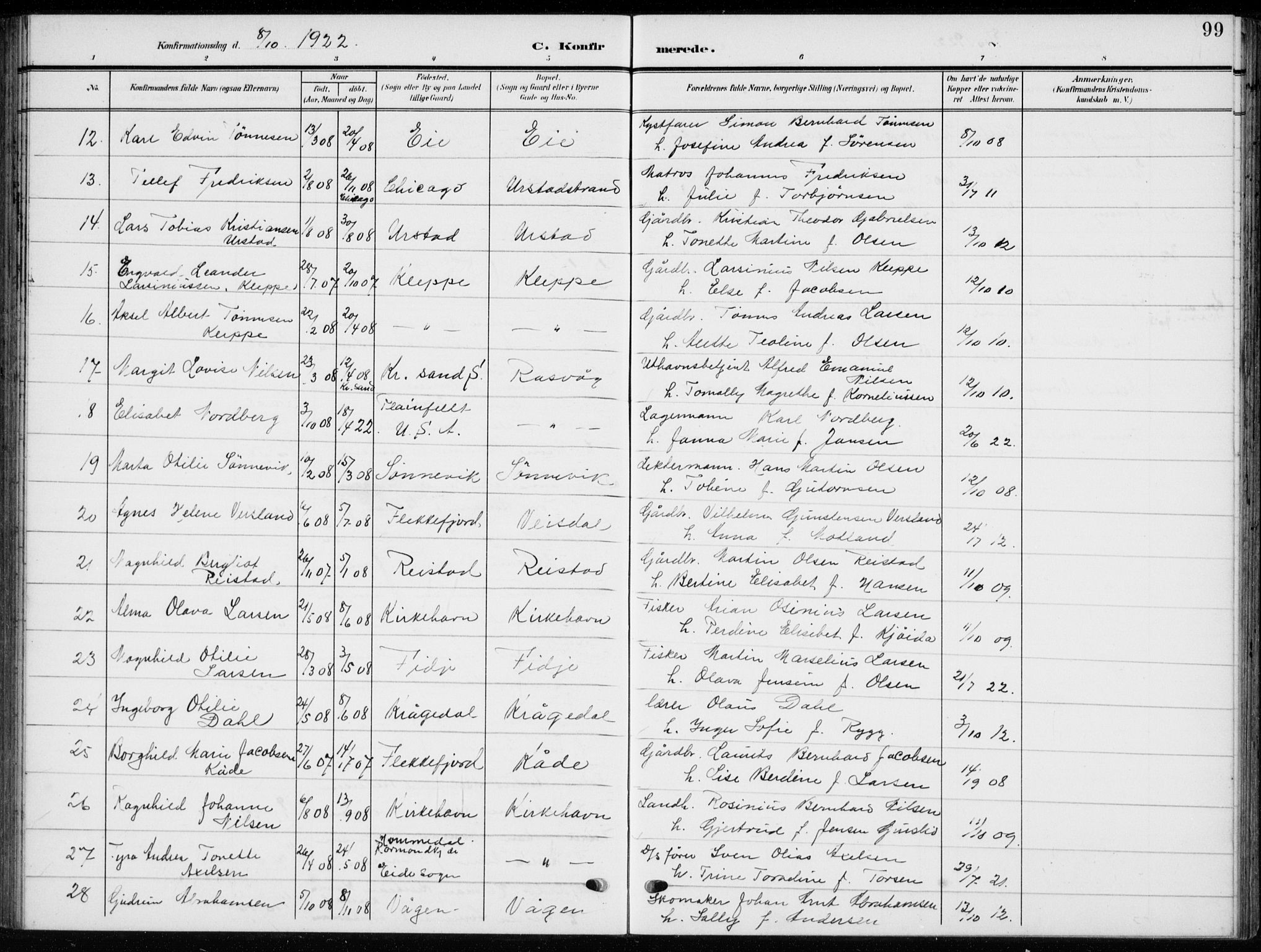 Flekkefjord sokneprestkontor, AV/SAK-1111-0012/F/Fb/Fbb/L0005: Klokkerbok nr. B 5, 1908-1927, s. 99