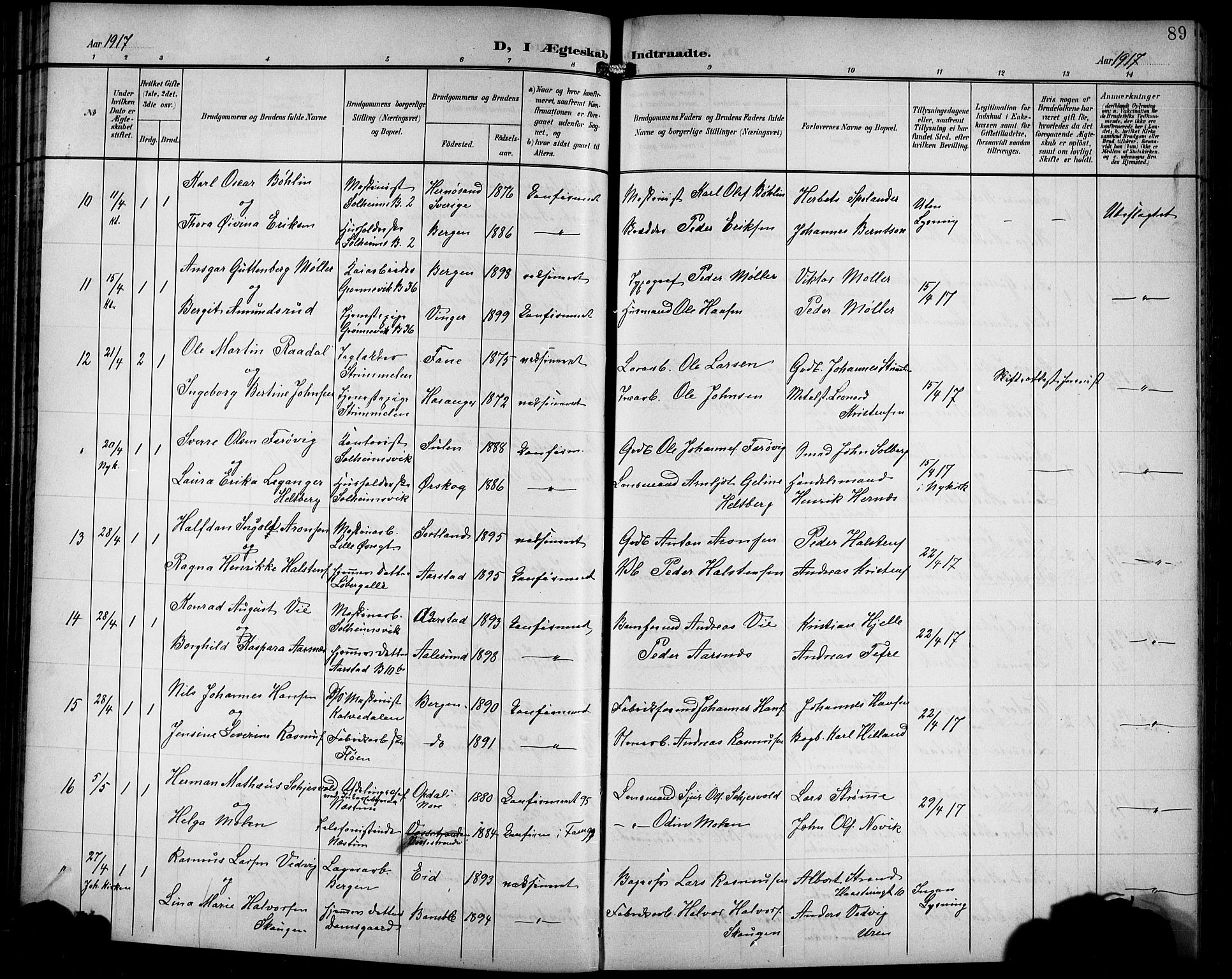 Årstad Sokneprestembete, AV/SAB-A-79301/H/Hab/L0018: Klokkerbok nr. C 1, 1902-1919, s. 89