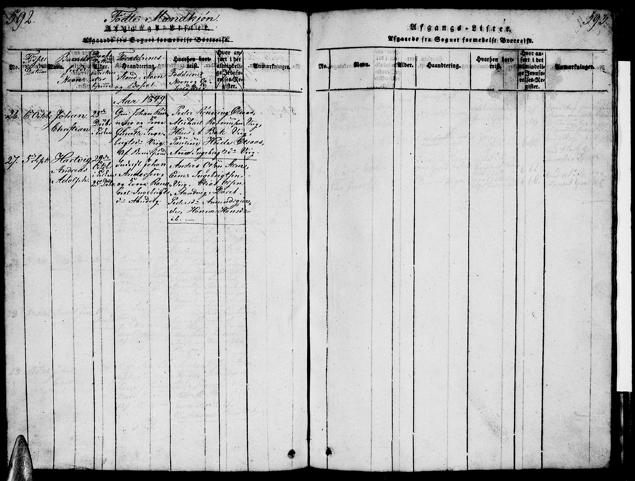 Ministerialprotokoller, klokkerbøker og fødselsregistre - Nordland, AV/SAT-A-1459/812/L0186: Klokkerbok nr. 812C04, 1820-1849, s. 592-593