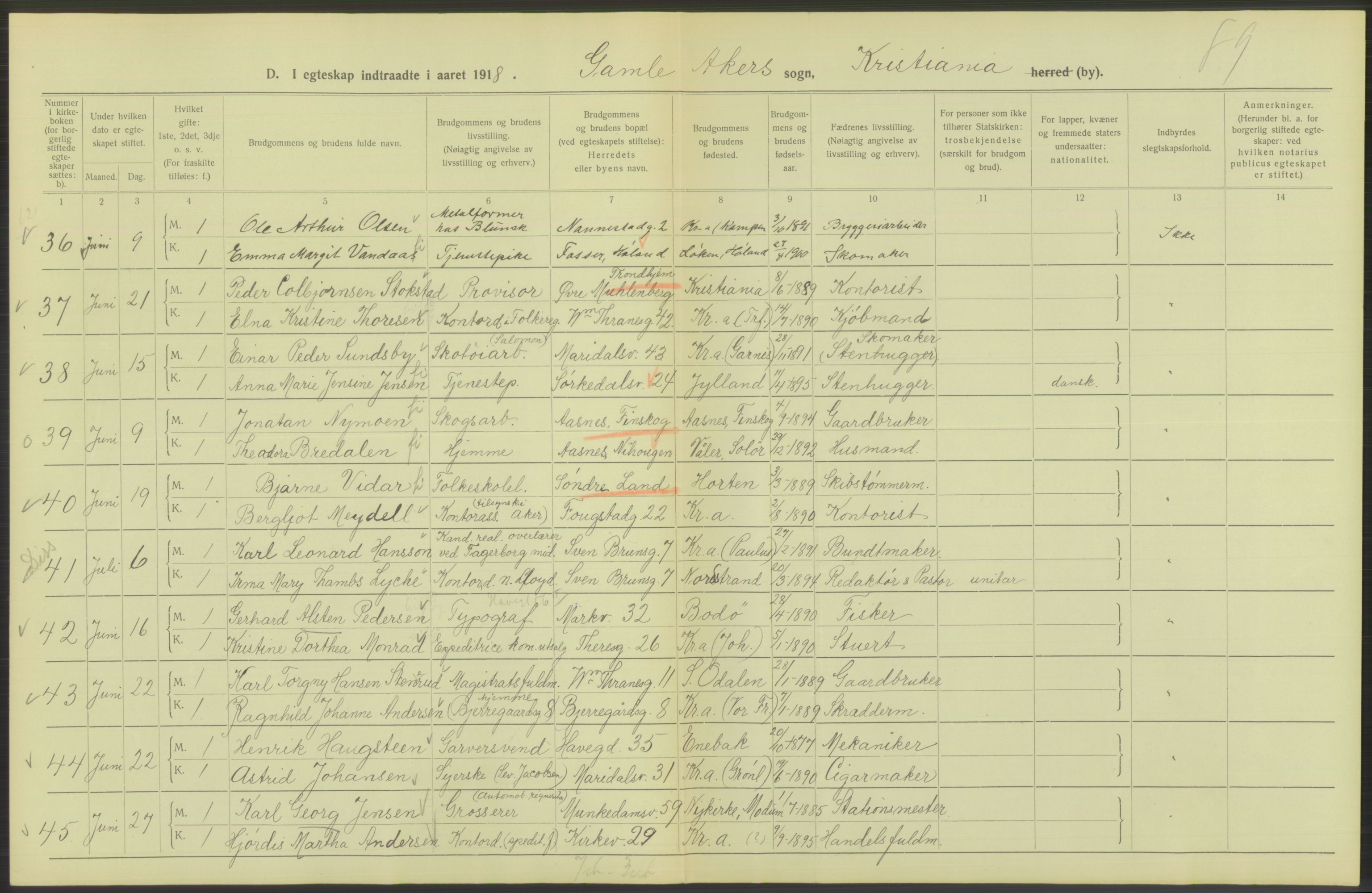 Statistisk sentralbyrå, Sosiodemografiske emner, Befolkning, RA/S-2228/D/Df/Dfb/Dfbh/L0009: Kristiania: Gifte, 1918, s. 312