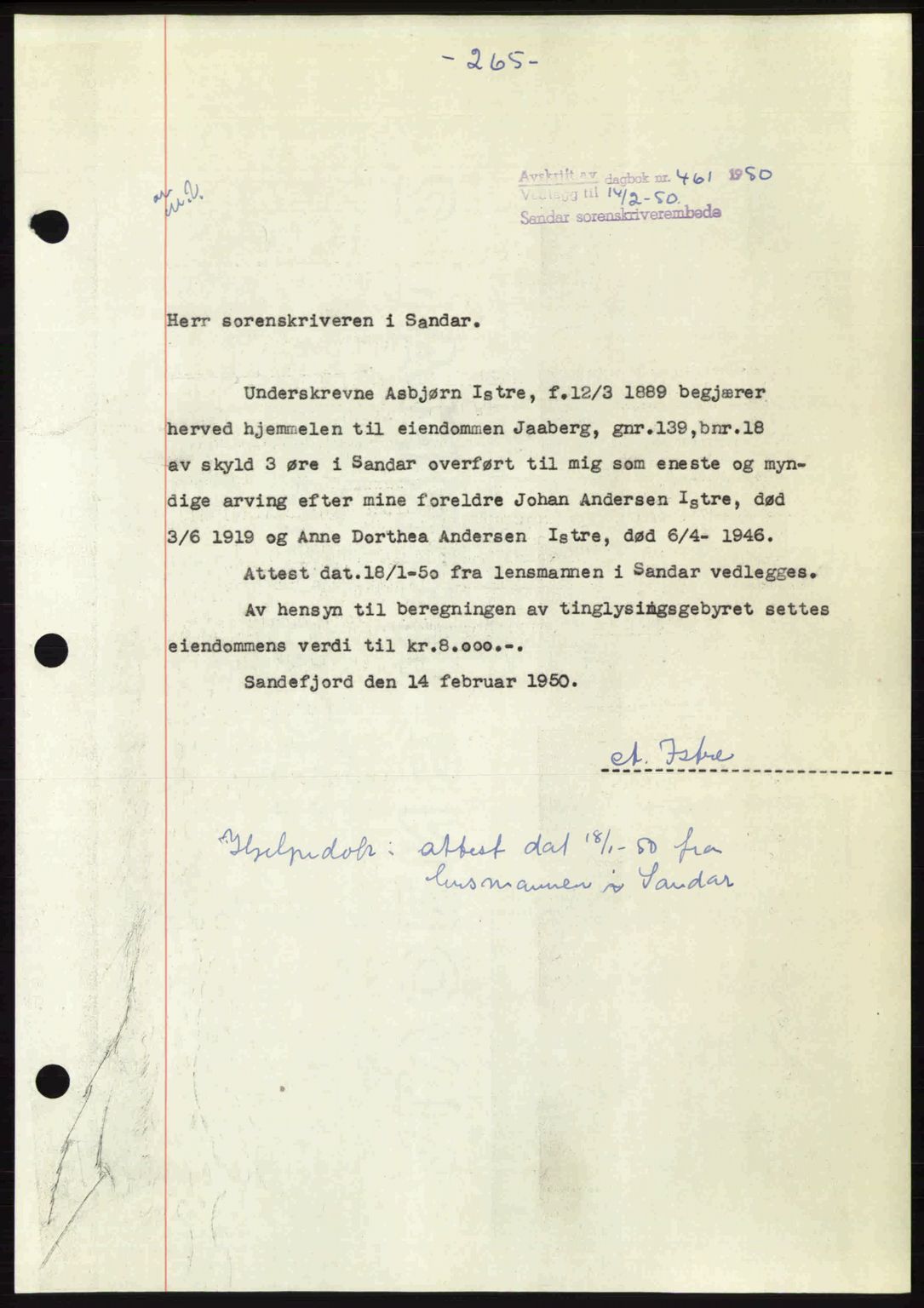Sandar sorenskriveri, SAKO/A-86/G/Ga/Gaa/L0020: Pantebok nr. A-20, 1949-1950, Dagboknr: 461/1950