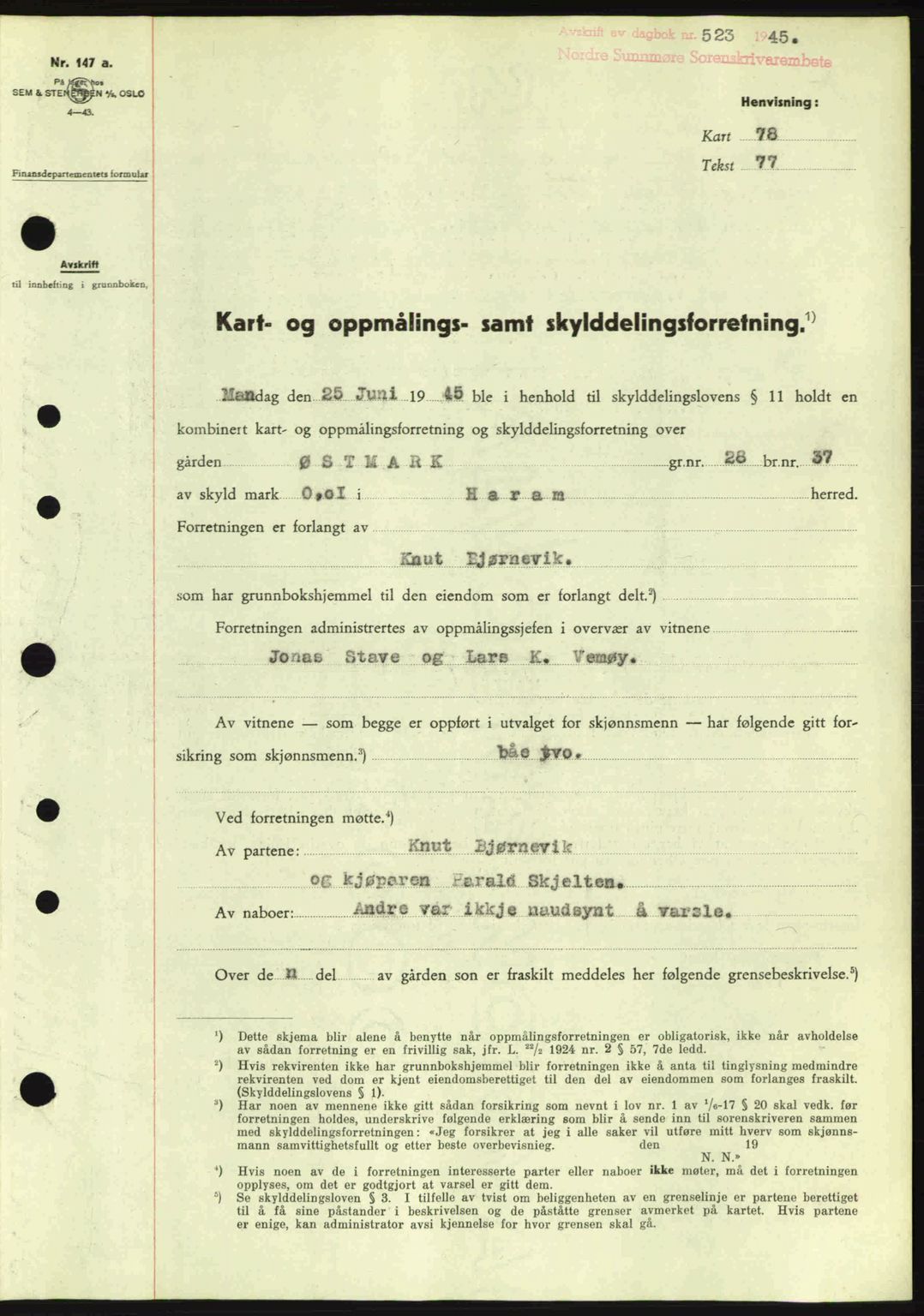 Nordre Sunnmøre sorenskriveri, SAT/A-0006/1/2/2C/2Ca: Pantebok nr. A19, 1944-1945, Dagboknr: 523/1945