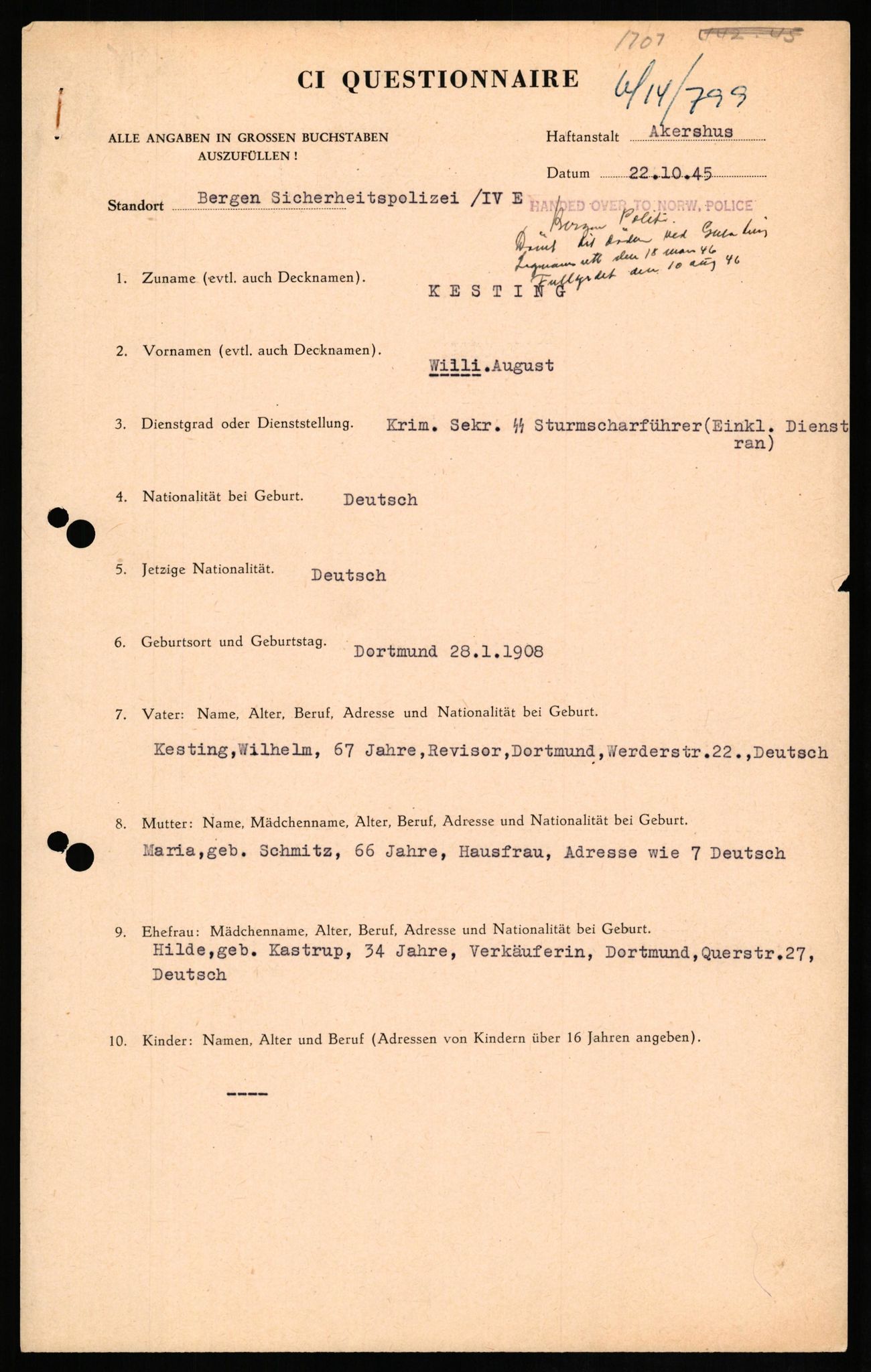 Forsvaret, Forsvarets overkommando II, AV/RA-RAFA-3915/D/Db/L0016: CI Questionaires. Tyske okkupasjonsstyrker i Norge. Tyskere., 1945-1946, s. 684