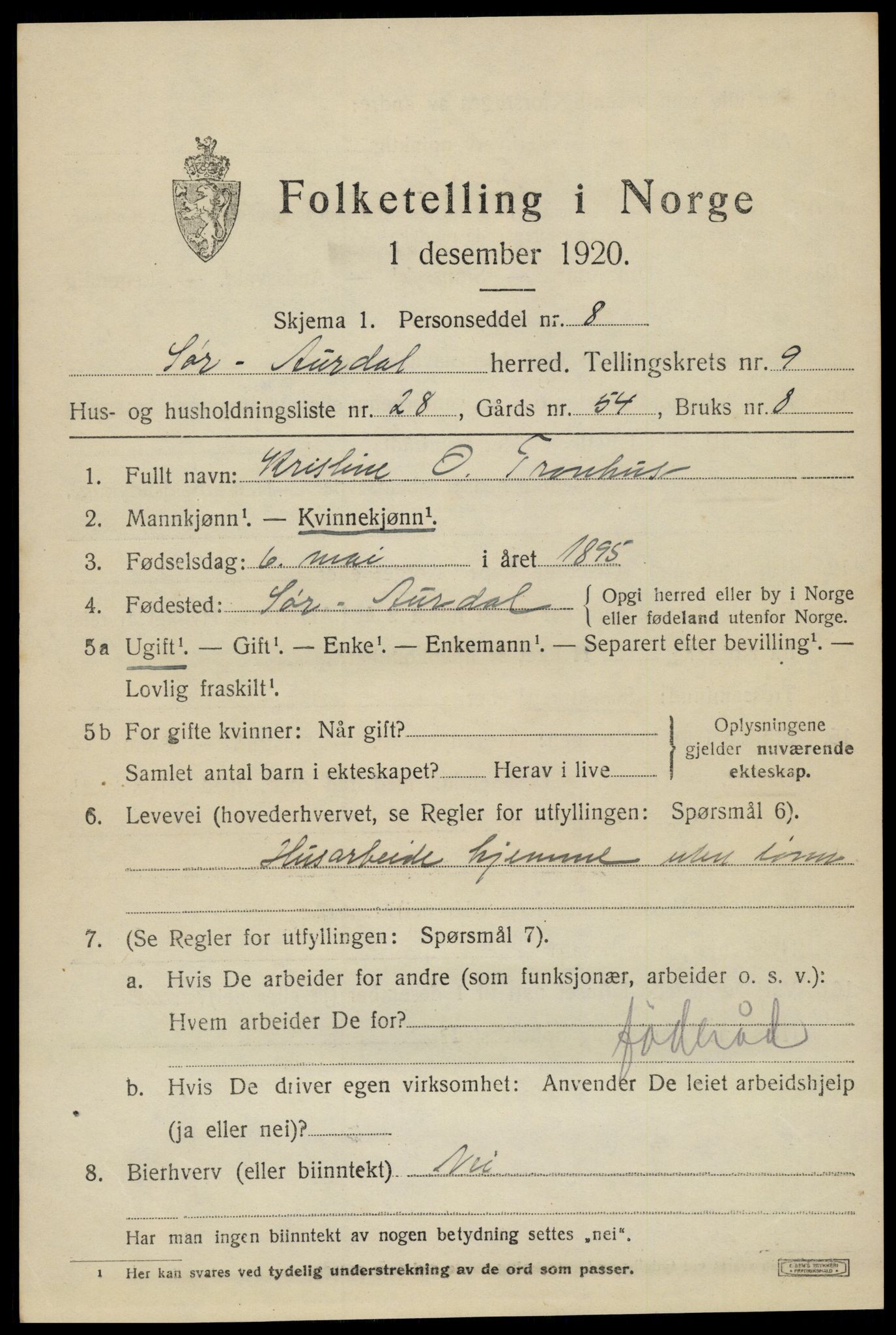 SAH, Folketelling 1920 for 0540 Sør-Aurdal herred, 1920, s. 5461