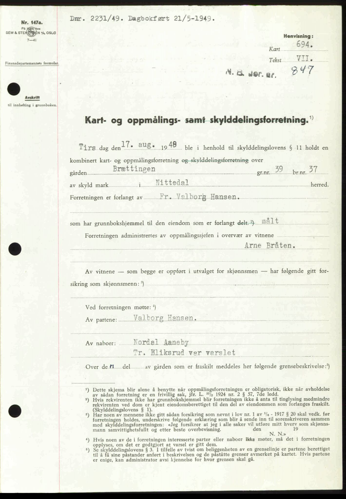 Nedre Romerike sorenskriveri, SAO/A-10469/G/Gb/Gbd/L0025: Pantebok nr. 25, 1949-1949, Dagboknr: 2231/1949