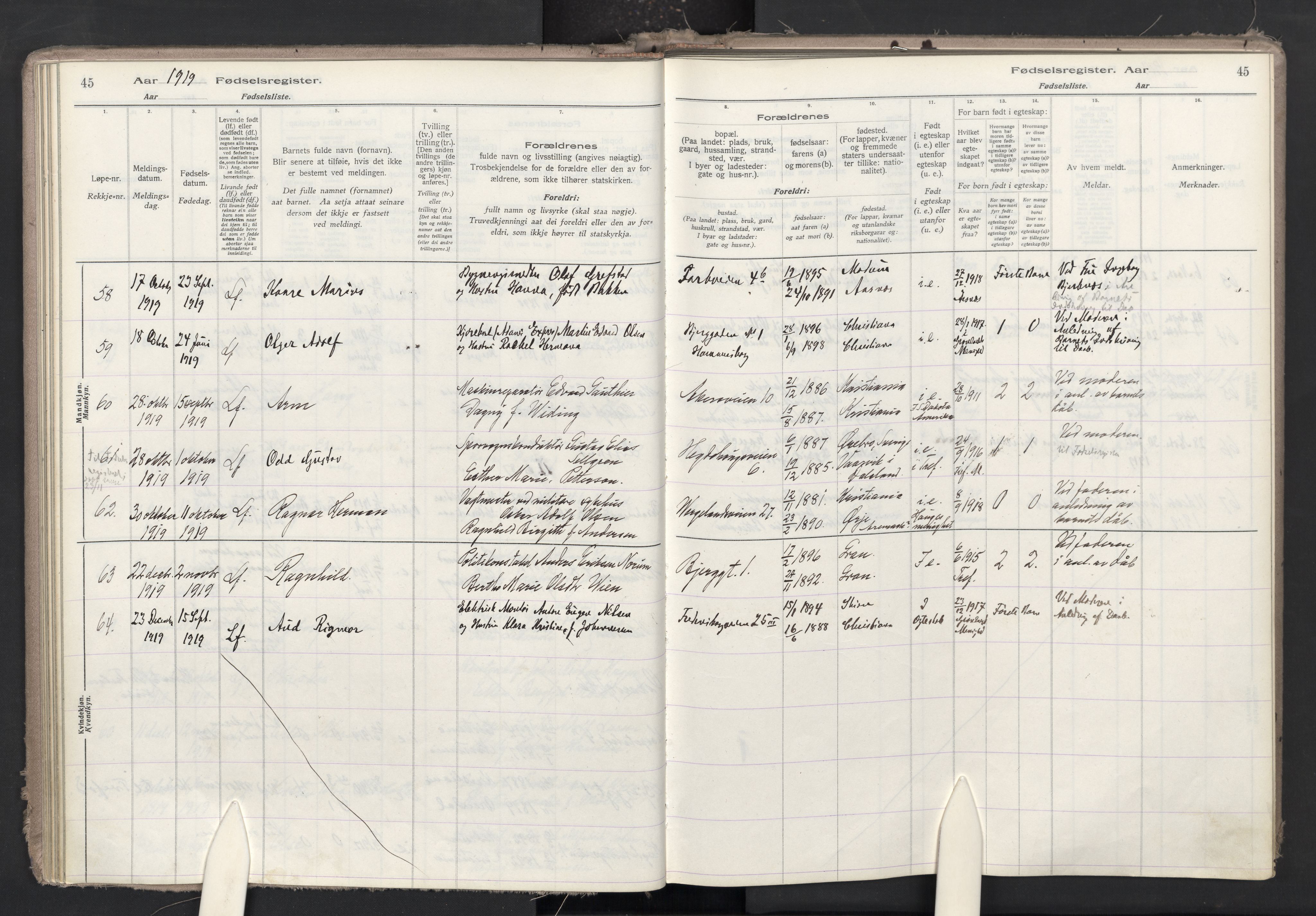 Trefoldighet prestekontor Kirkebøker, AV/SAO-A-10882/J/Ja/L0001: Fødselsregister nr. 1, 1916-1931, s. 45