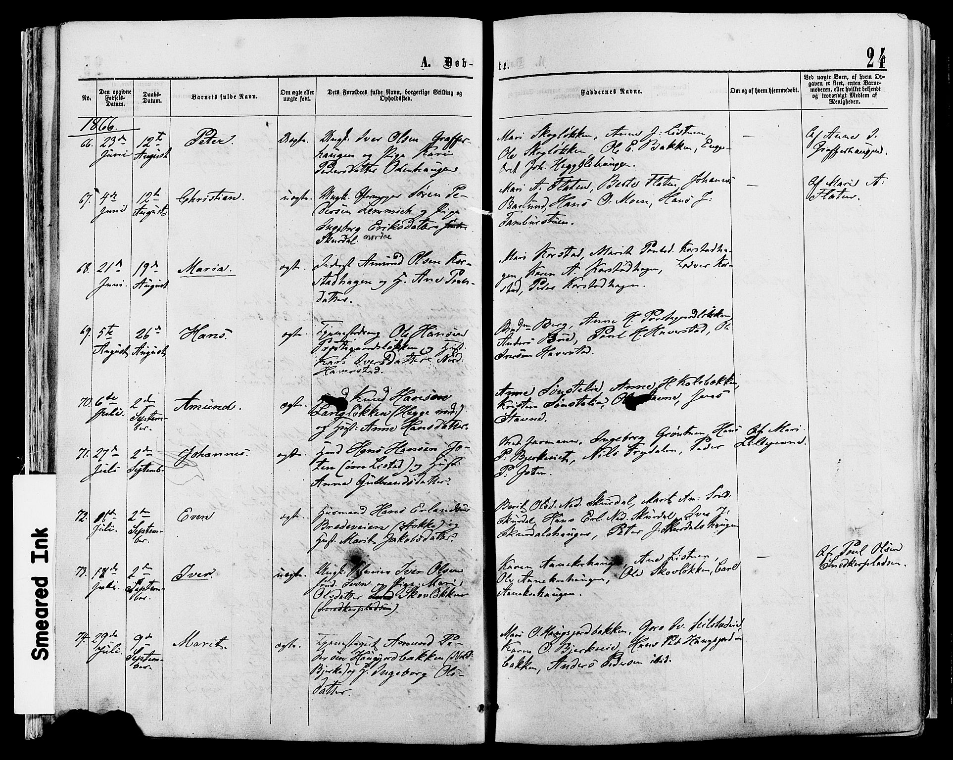 Sør-Fron prestekontor, AV/SAH-PREST-010/H/Ha/Haa/L0002: Ministerialbok nr. 2, 1864-1880, s. 24