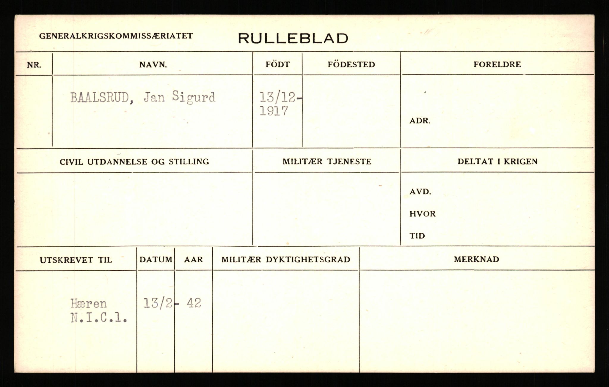 Forsvaret, Generalkrigskommissariatet i London 1940-1945, AV/RA-RAFA-1935/P/Pa/L0029: "Det hemmelige kartotek" med rulleblad for Kompani Linge, N.I.C.1 (Hæren) og NOR I.U. (Marinen), 1940-1945, s. 72