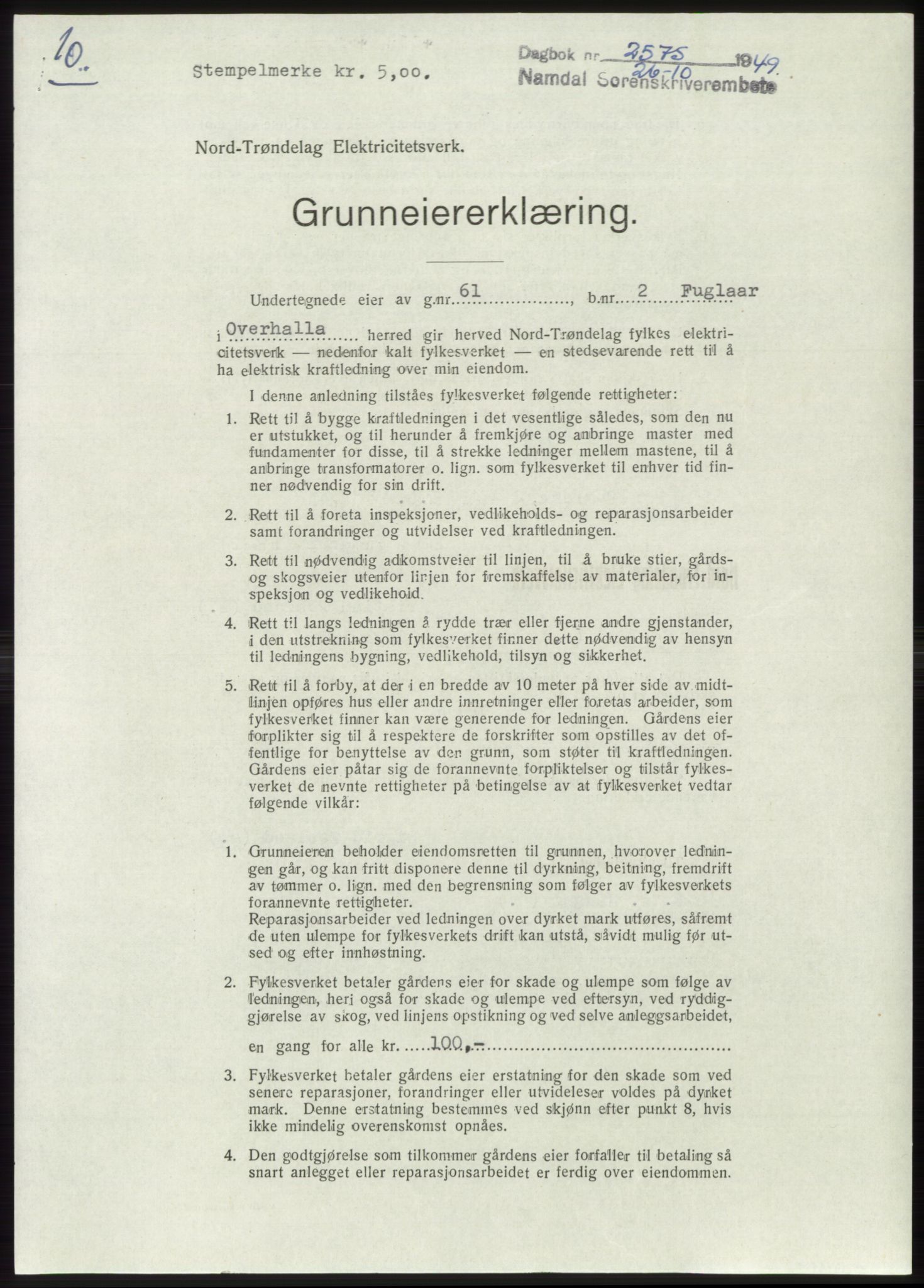 Namdal sorenskriveri, SAT/A-4133/1/2/2C: Pantebok nr. -, 1949-1949, Dagboknr: 2575/1949