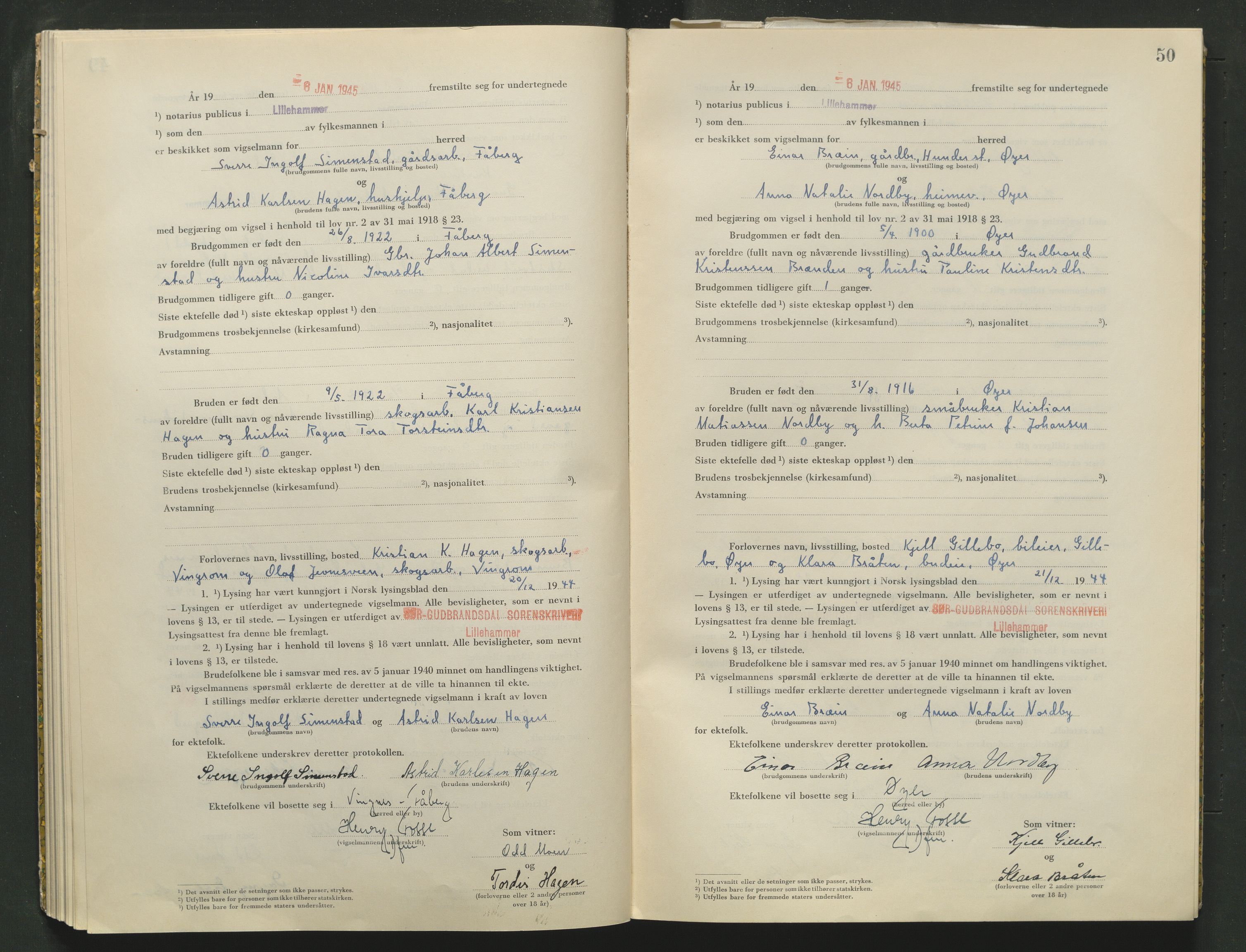 Sør-Gudbrandsdal tingrett, AV/SAH-TING-004/L/Lc/L0005: Vigselsprotokoll, 1944-1946, s. 50