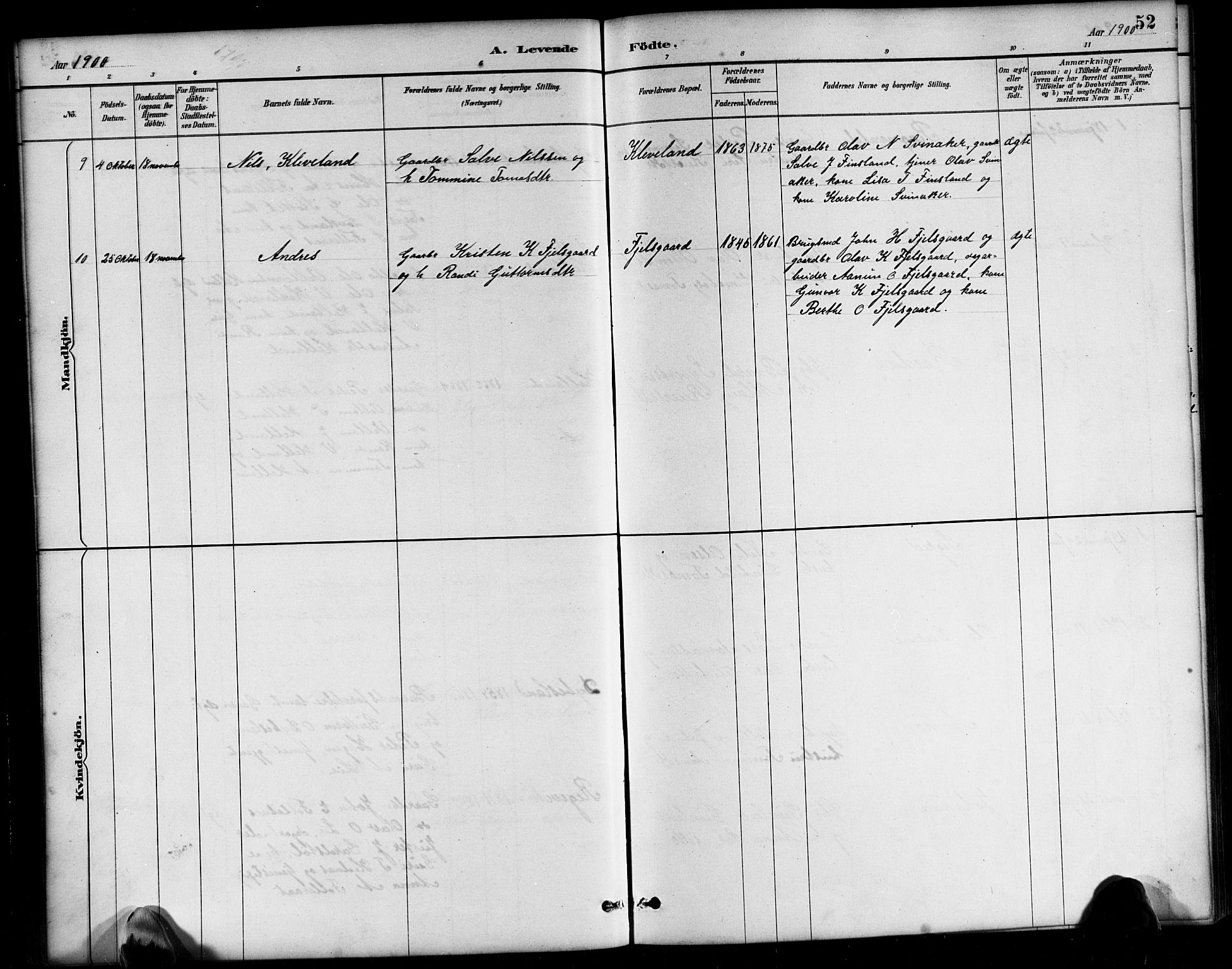 Bjelland sokneprestkontor, AV/SAK-1111-0005/F/Fb/Fbb/L0005: Klokkerbok nr. B 5, 1887-1918, s. 52