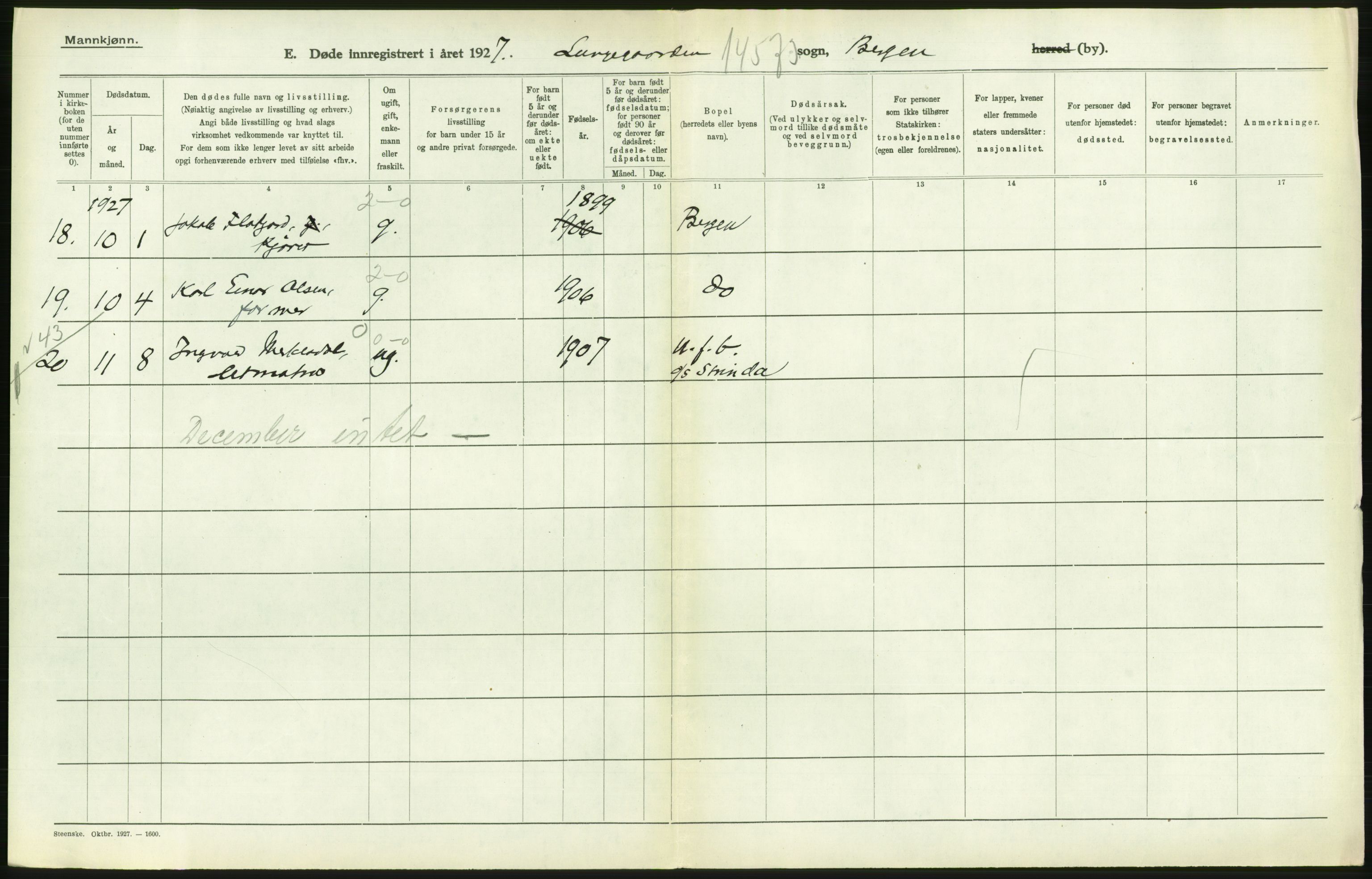 Statistisk sentralbyrå, Sosiodemografiske emner, Befolkning, AV/RA-S-2228/D/Df/Dfc/Dfcg/L0028: Bergen: Gifte, døde., 1927, s. 632