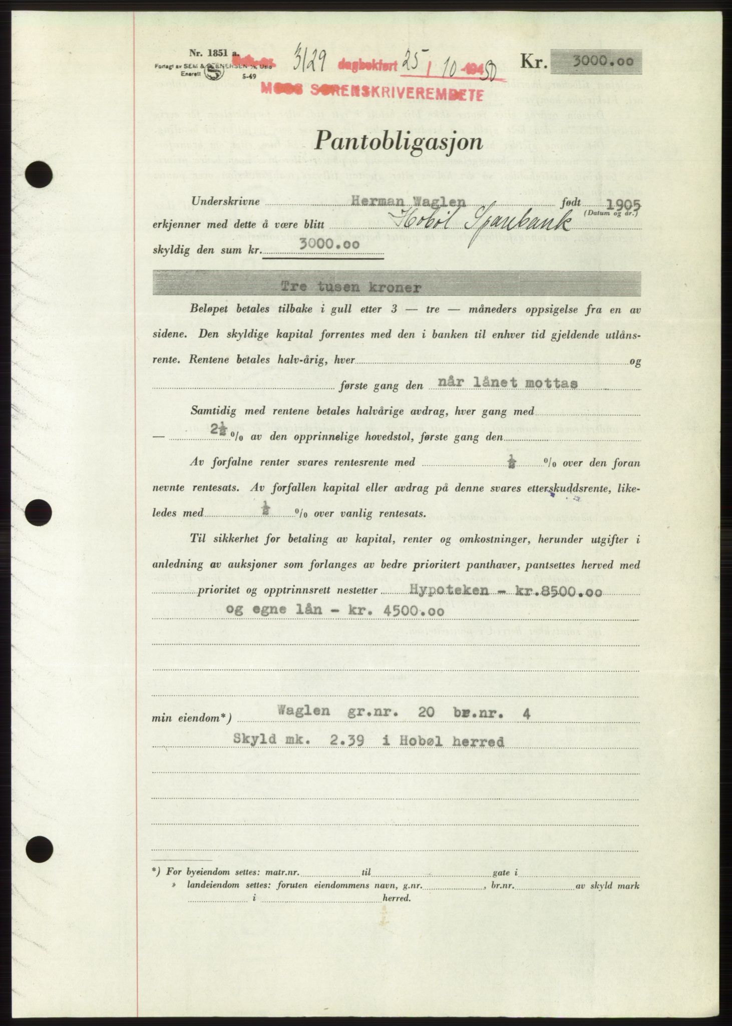 Moss sorenskriveri, SAO/A-10168: Pantebok nr. B25, 1950-1950, Dagboknr: 3129/1950